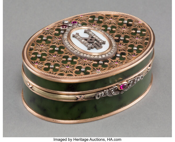 A Fabergé-Style 14K Vari-Color Gold, Diamond, Spinach Jade, and, Lot  #63168