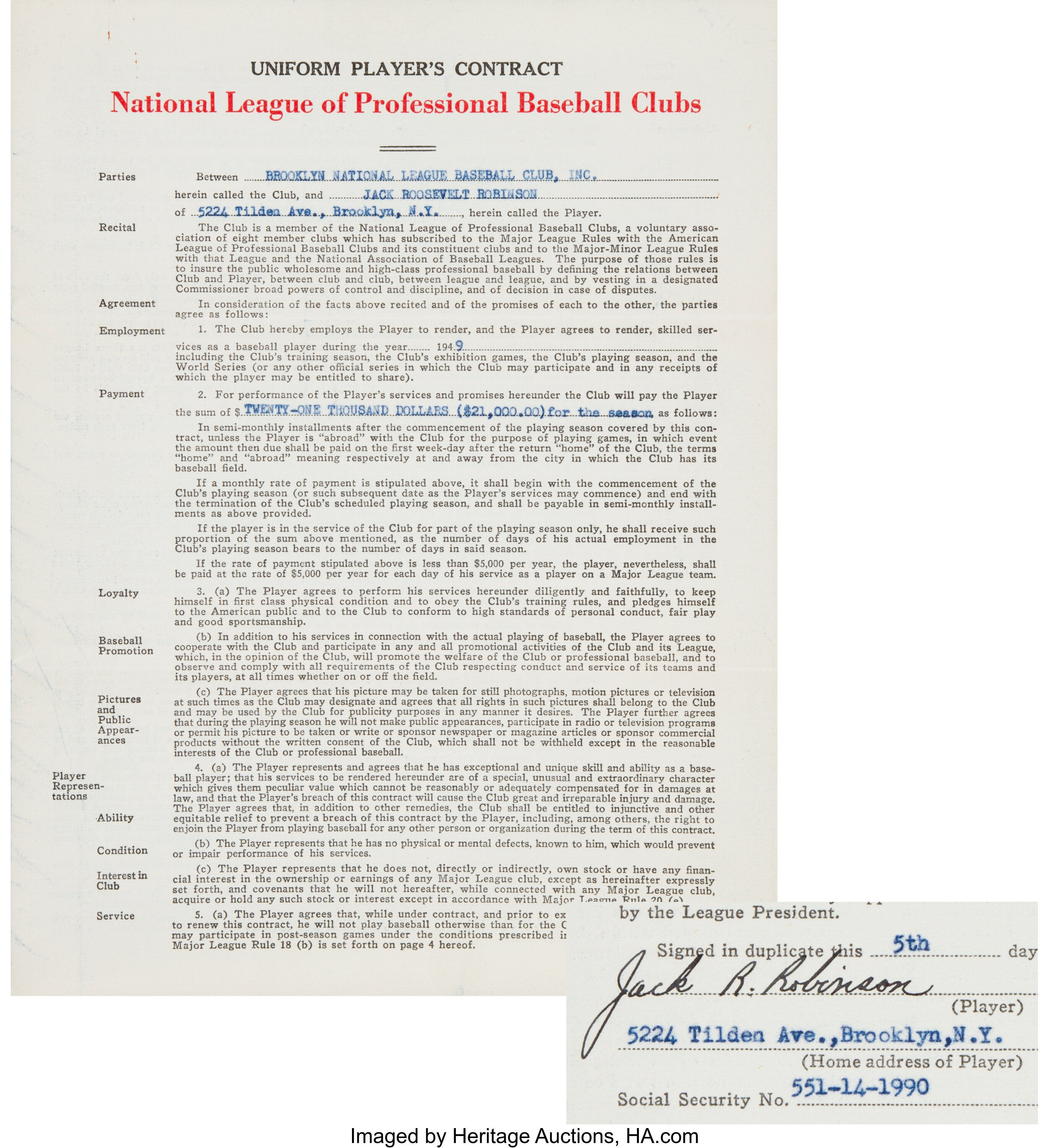 1949 Jackie Robinson Signed Brooklyn Dodgers Contract, National, Lot  #80070