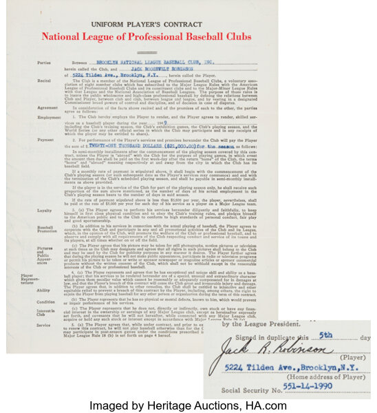 1949 Jackie Robinson Signed Brooklyn Dodgers Contract, National, Lot  #80070