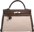 Hermes 32cm Vert Olive Barenia Leather and Toile Gold Plated Kelly