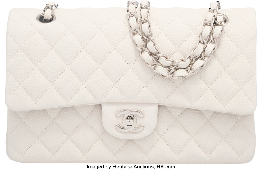 Chanel White Caviar Leather Medium Double Flap Bag with Silver