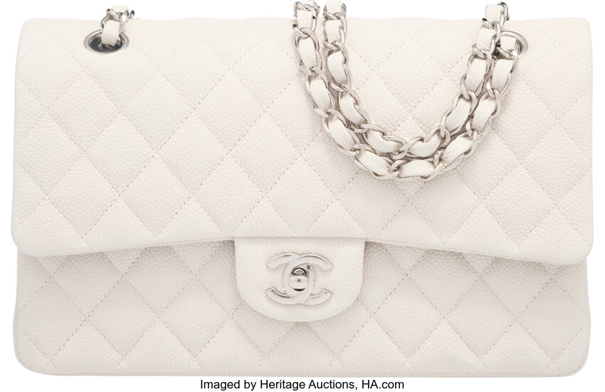 Chanel White Caviar Leather Medium Classic Flap Bag with Silver Hardware