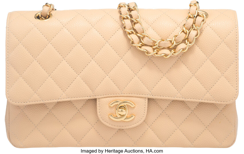 A BEIGE LAMBSKIN LEATHER MEDIUM CLASSIC DOUBLE FLAP WITH GOLD HARDWARE,  CHANEL, 2019
