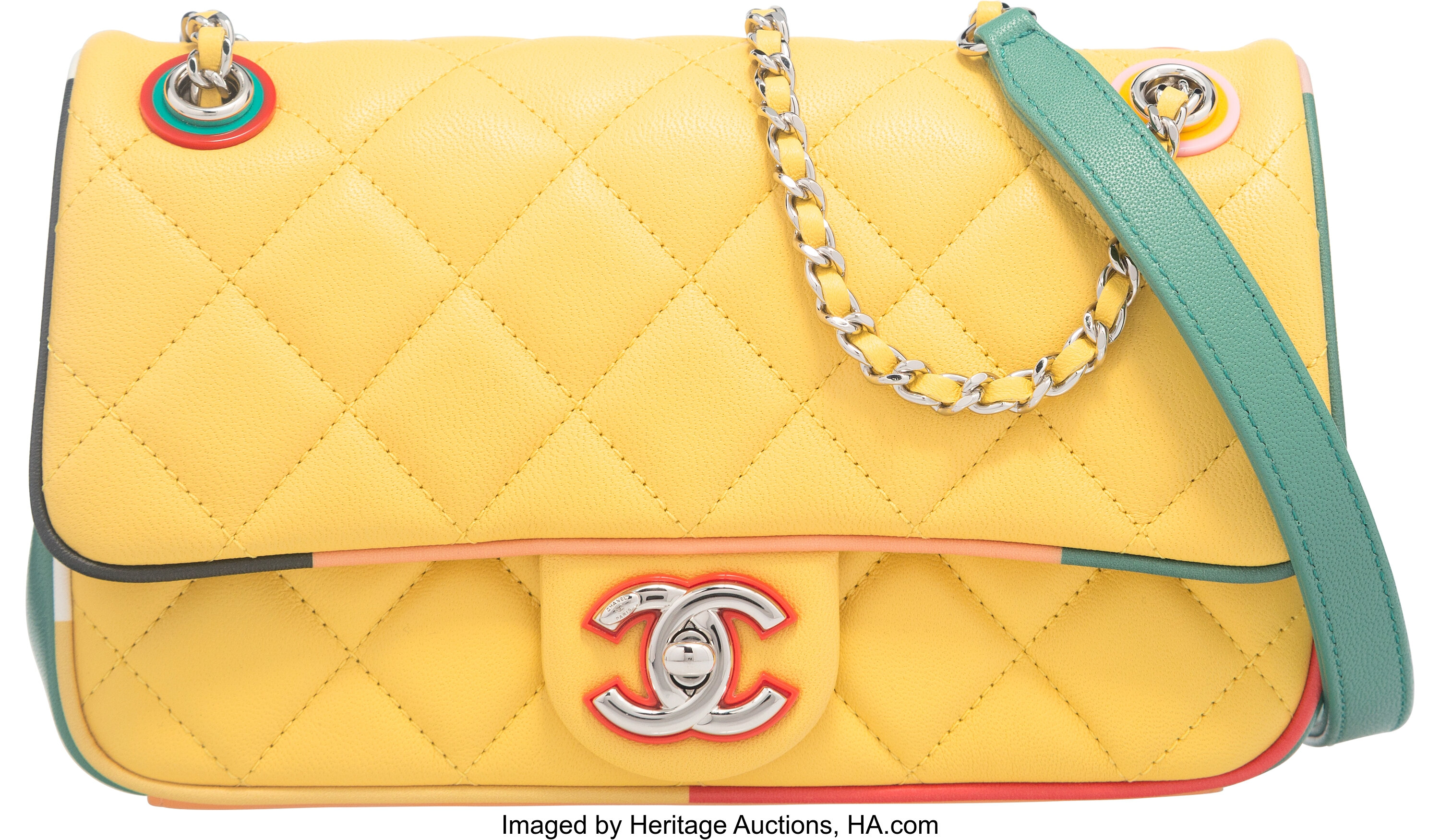Chanel Lacquered Metal CC Flap Bag Quilted Lambskin Mini Yellow