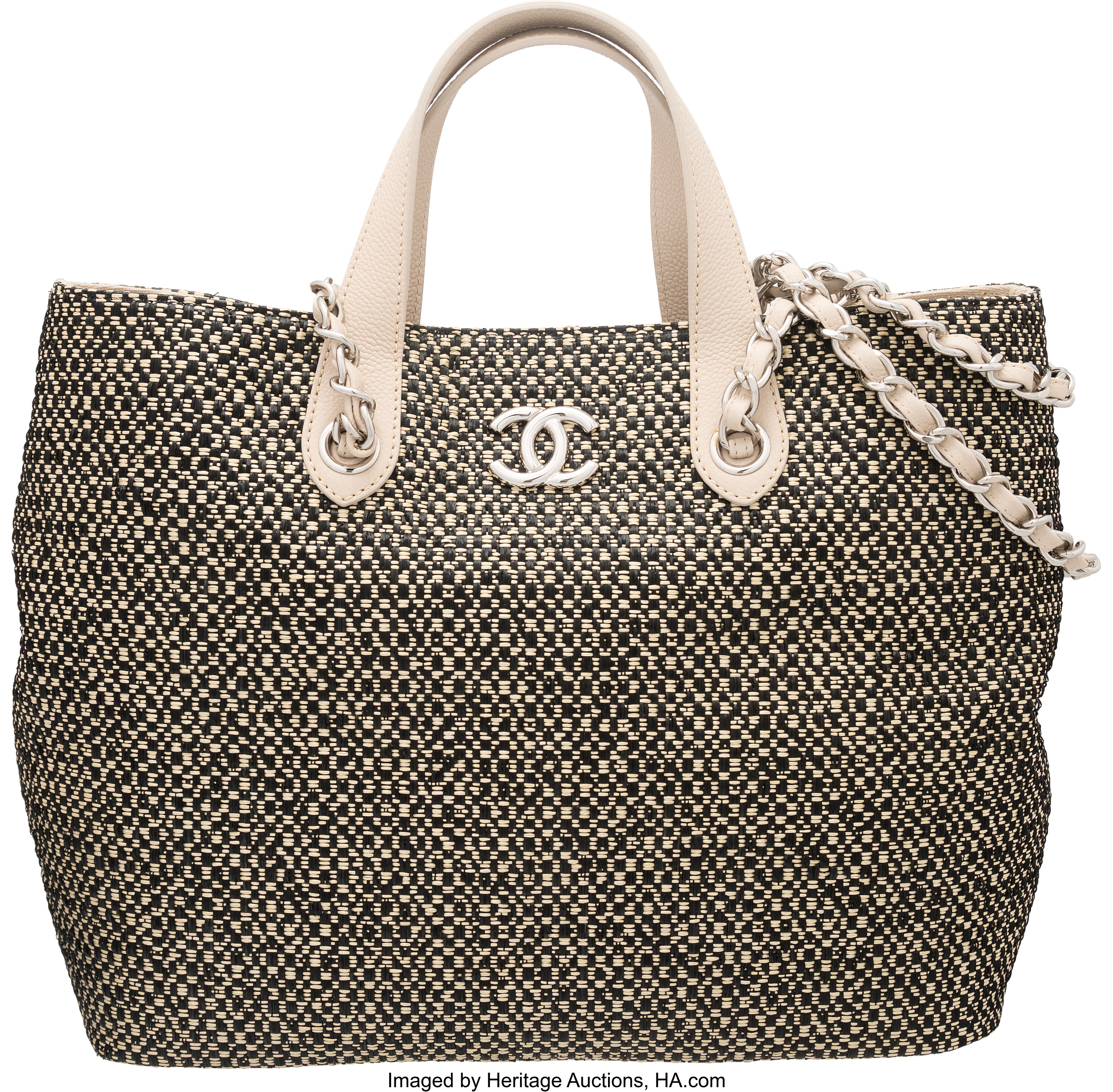 Chanel Black and Beige Woven Straw Large Shopping Tote Bag., Lot #58266