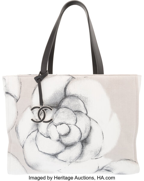 Chanel Gray Camellia Flower Canvas Shopping Tote Bag. Condition: 2., Lot  #58274