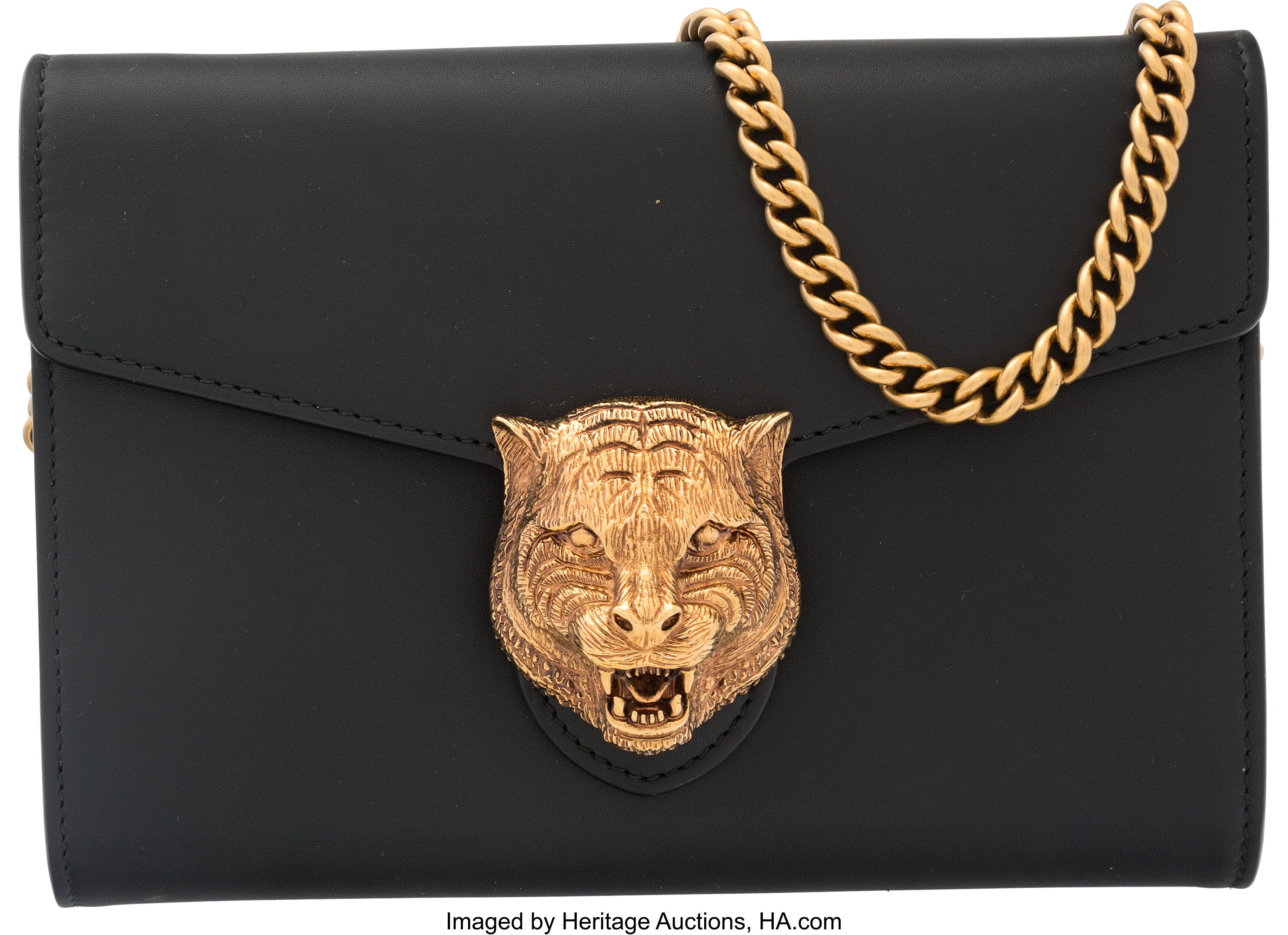 Gucci Black Calfskin Leather Animalier Tiger Head Wallet on Chain