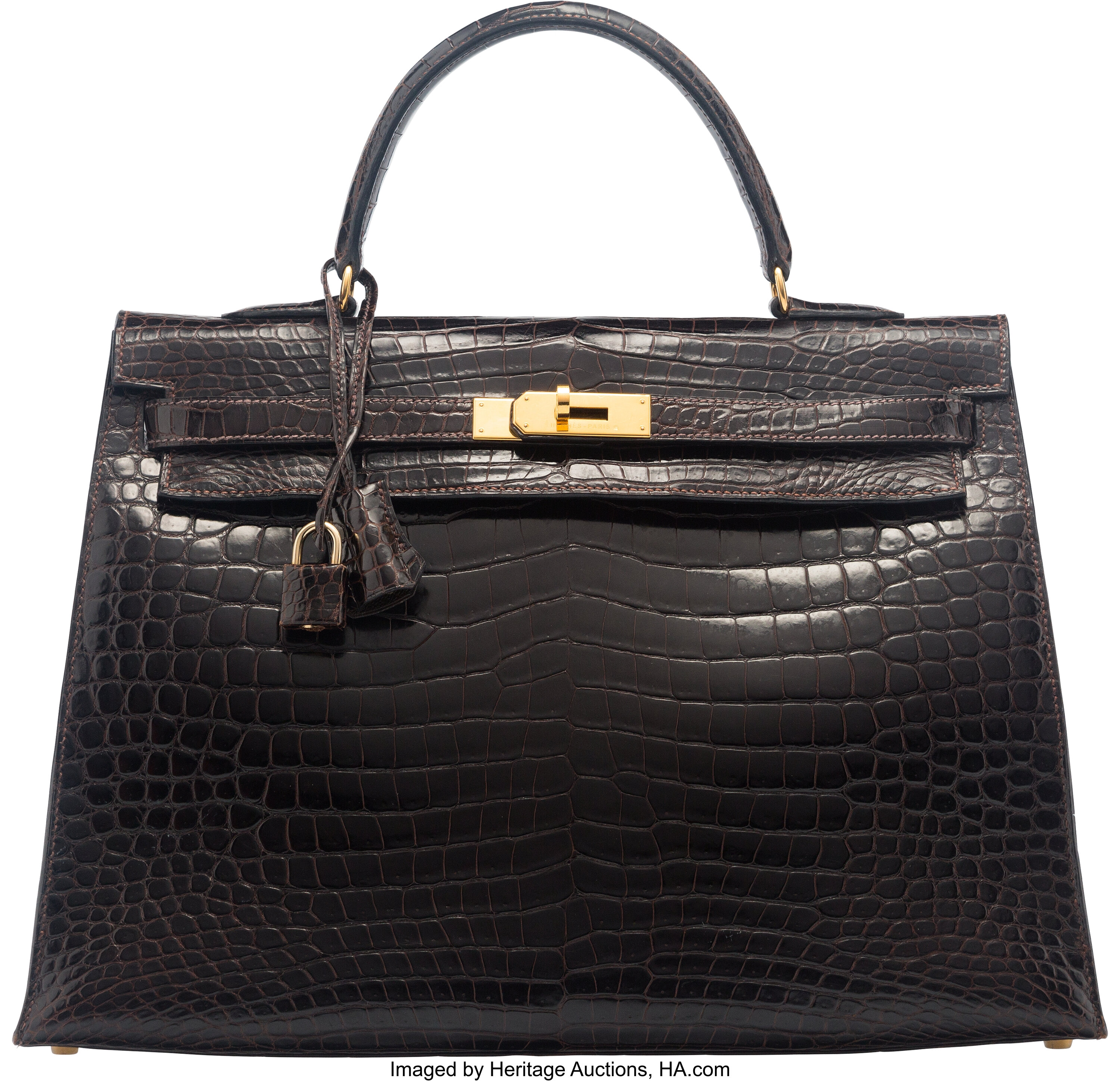 Hermes 35cm Shiny Ebene Porosus Crocodile Sellier Kelly Bag with | Lot ...