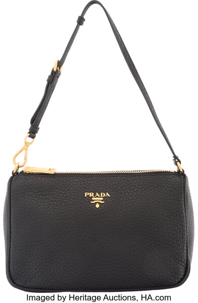 Sold at Auction: Prada Vitello Daino Double Zip Crossbody Leather Bag,  having a double pouch with gold hardware