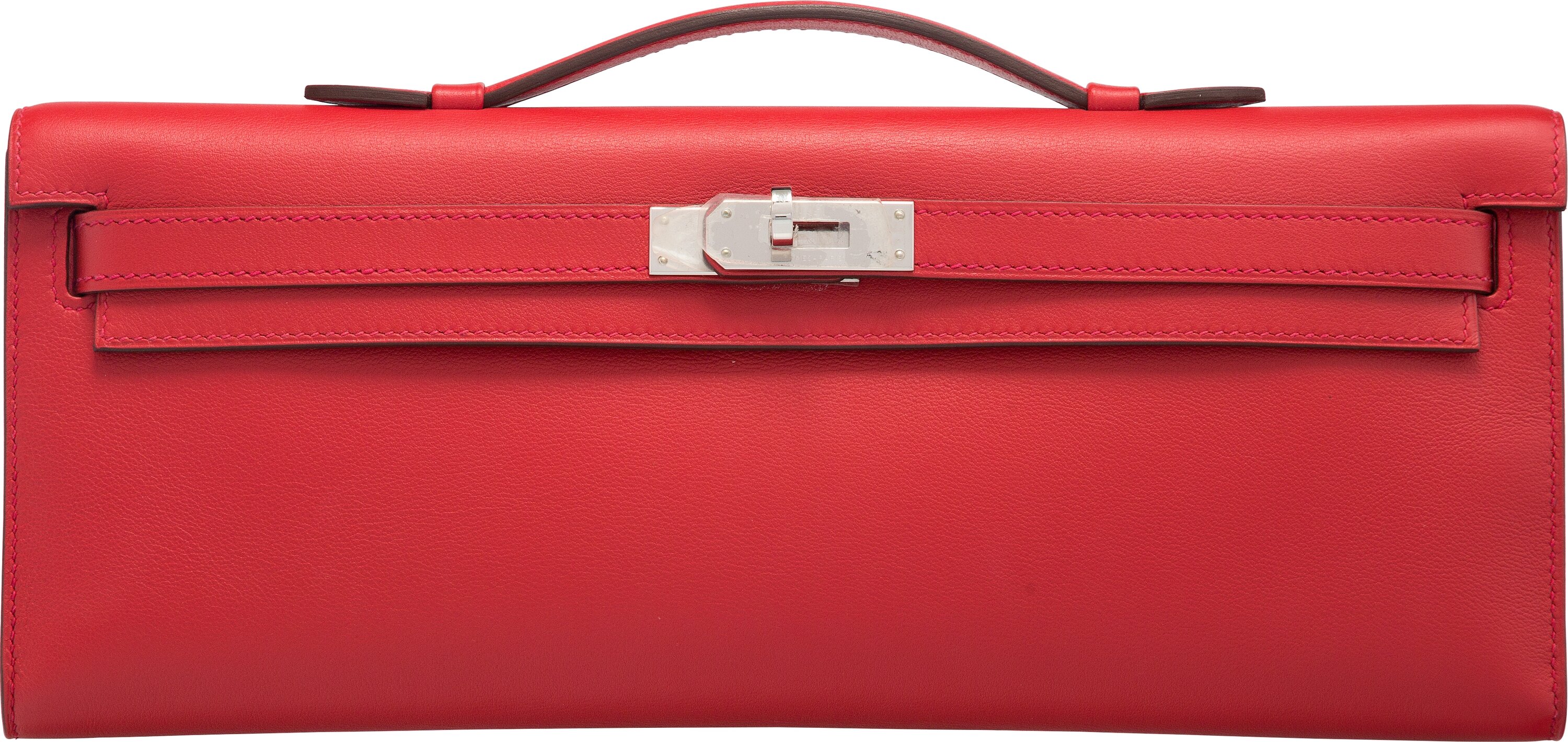 Hermes Kelly Cut Vermillion Red Clutch Bag Swift Palladium at 1stDibs