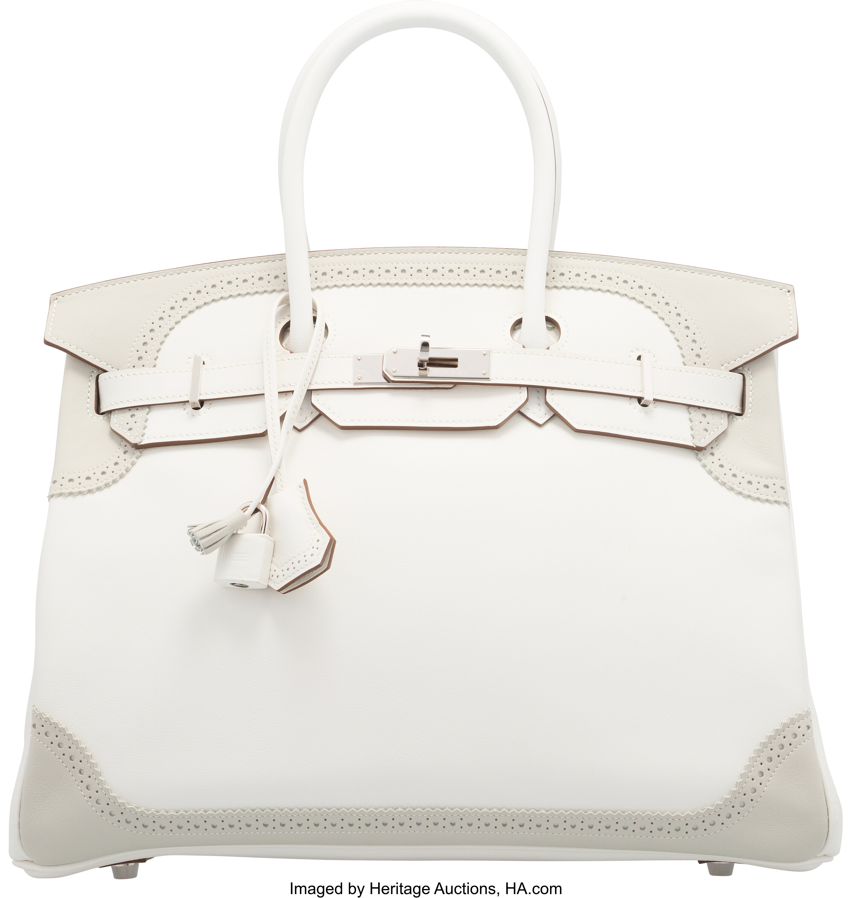 Hermes 35cm White & Gris Perle Swift Leather Ghillies Birkin Bag | Lot ...