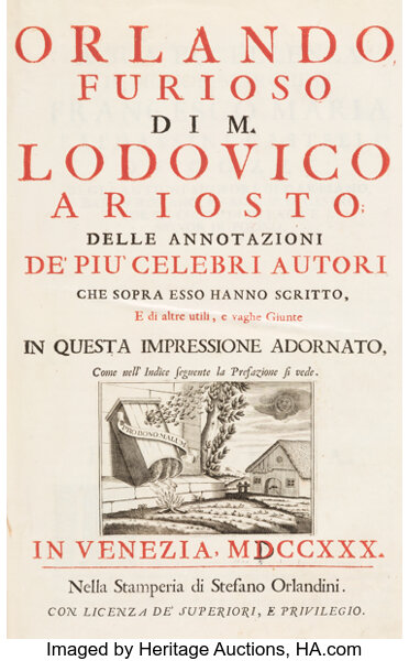 Lodovico Ariosto. Orlando Furioso Venice: 1730. Illustrated, Lot #45433