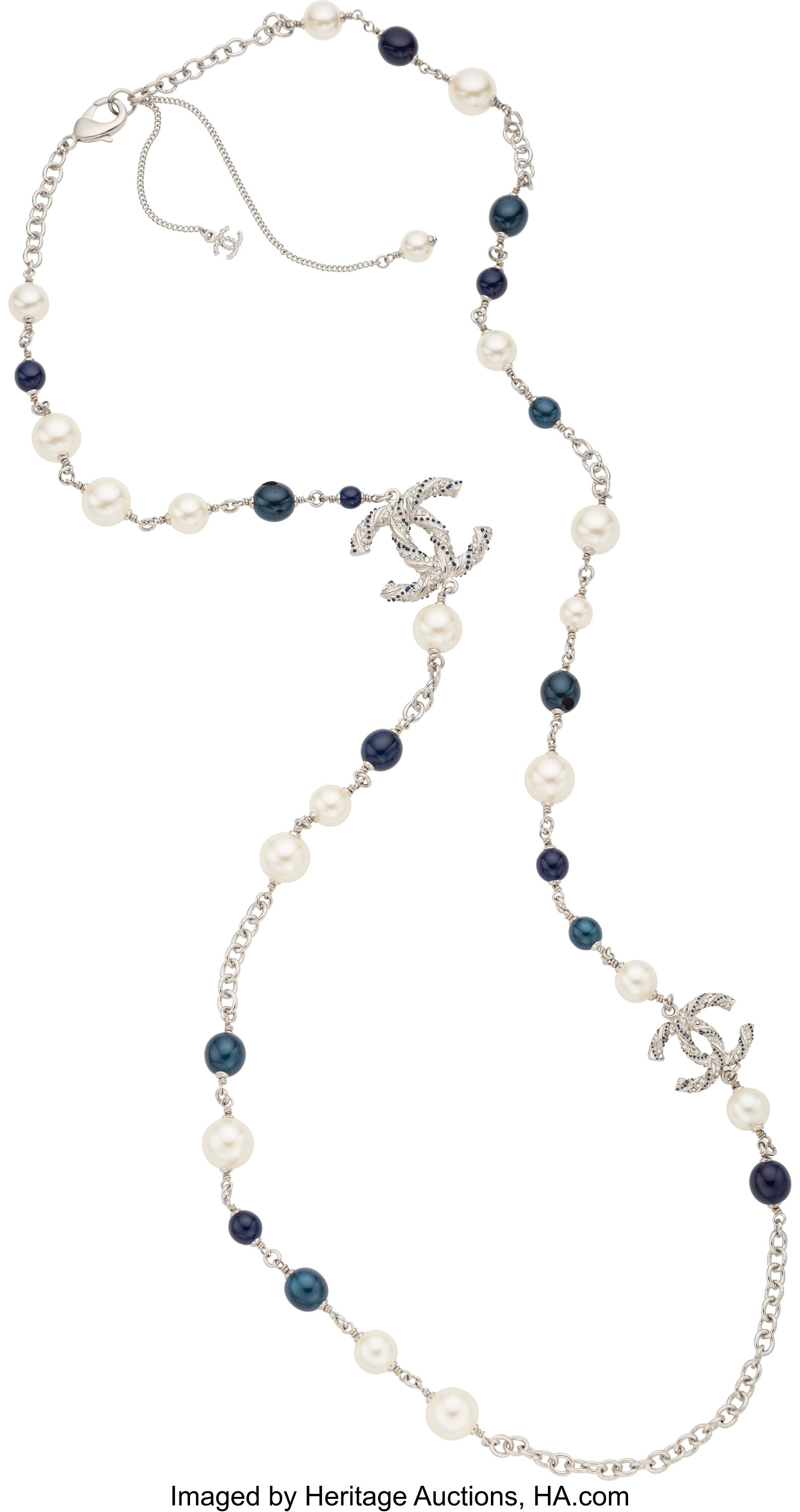 Chanel Faux Pearl, Blue Beads, and Crystals Single Strand Necklace., Lot  #58280