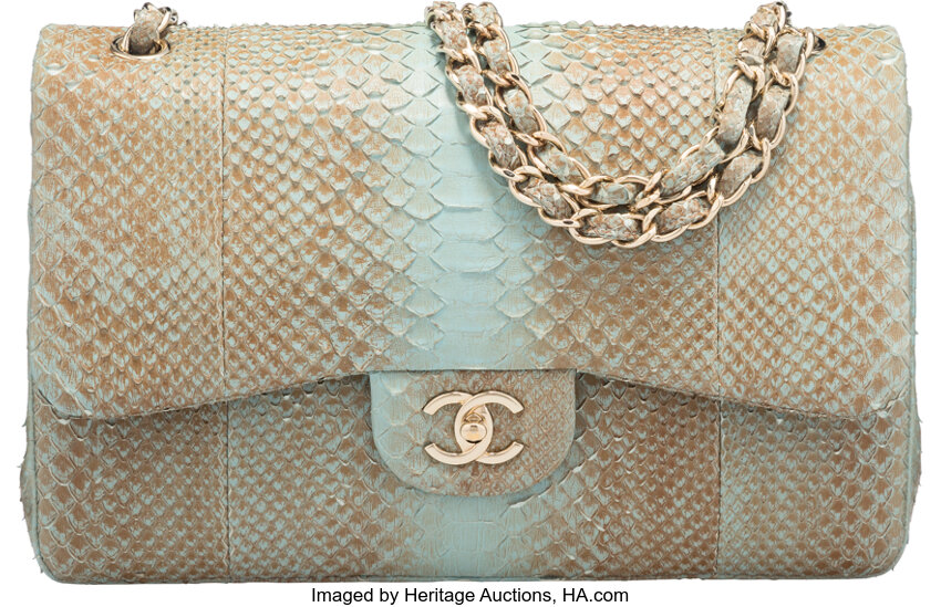 Chanel Turquoise Python Jumbo Double Flap Bag with Gold Hardware