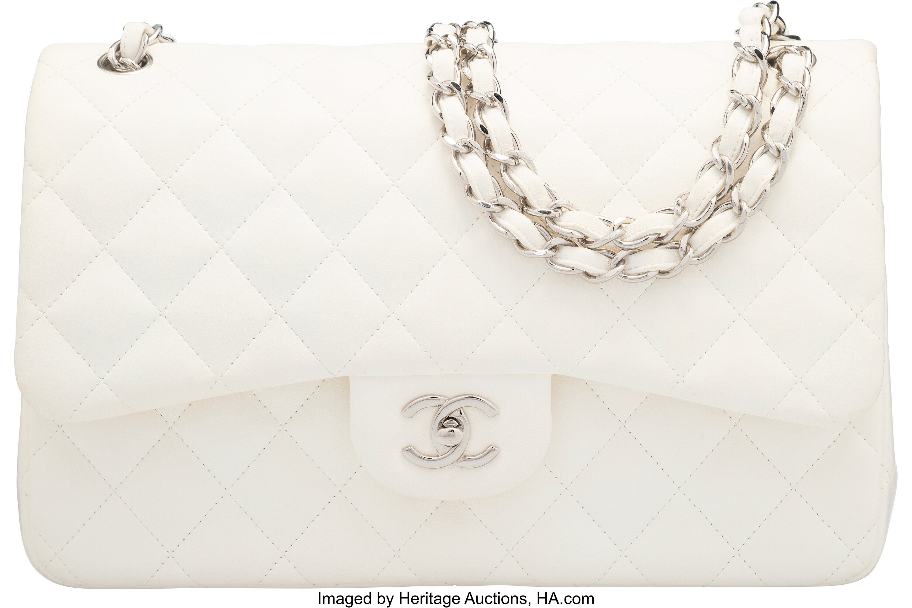 Chanel White Quilted Lambskin Jumbo Double Flap Bag with Silver, Lot  #58047