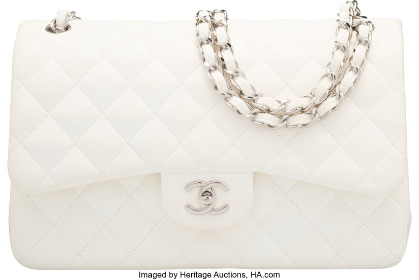 Chanel White Quilted Lambskin Jumbo Double Flap Bag with Silver