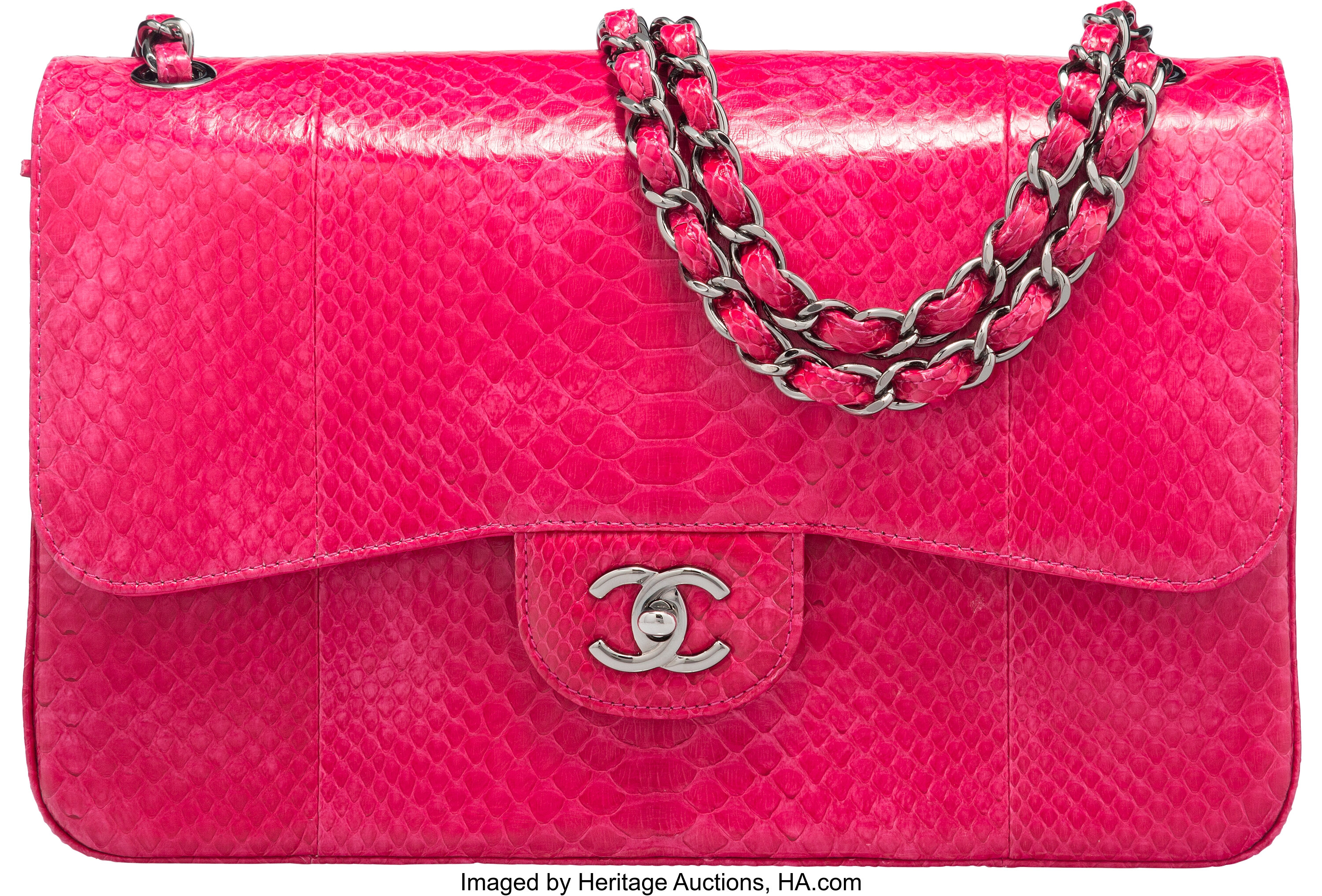 Chanel Fuchsia Python Jumbo Classic Double Flap Bag with Shiny