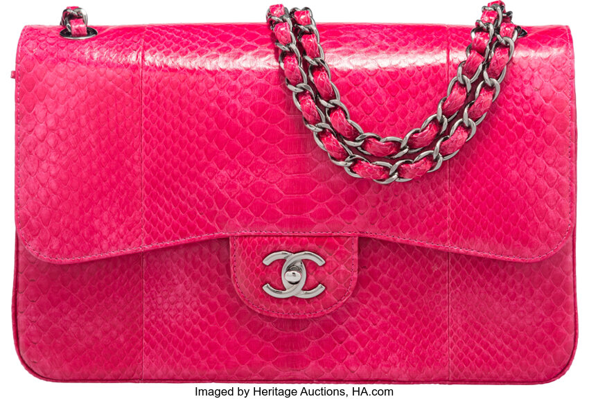 Chanel Fuchsia Python Jumbo Classic Double Flap Bag with Shiny, Lot #58005
