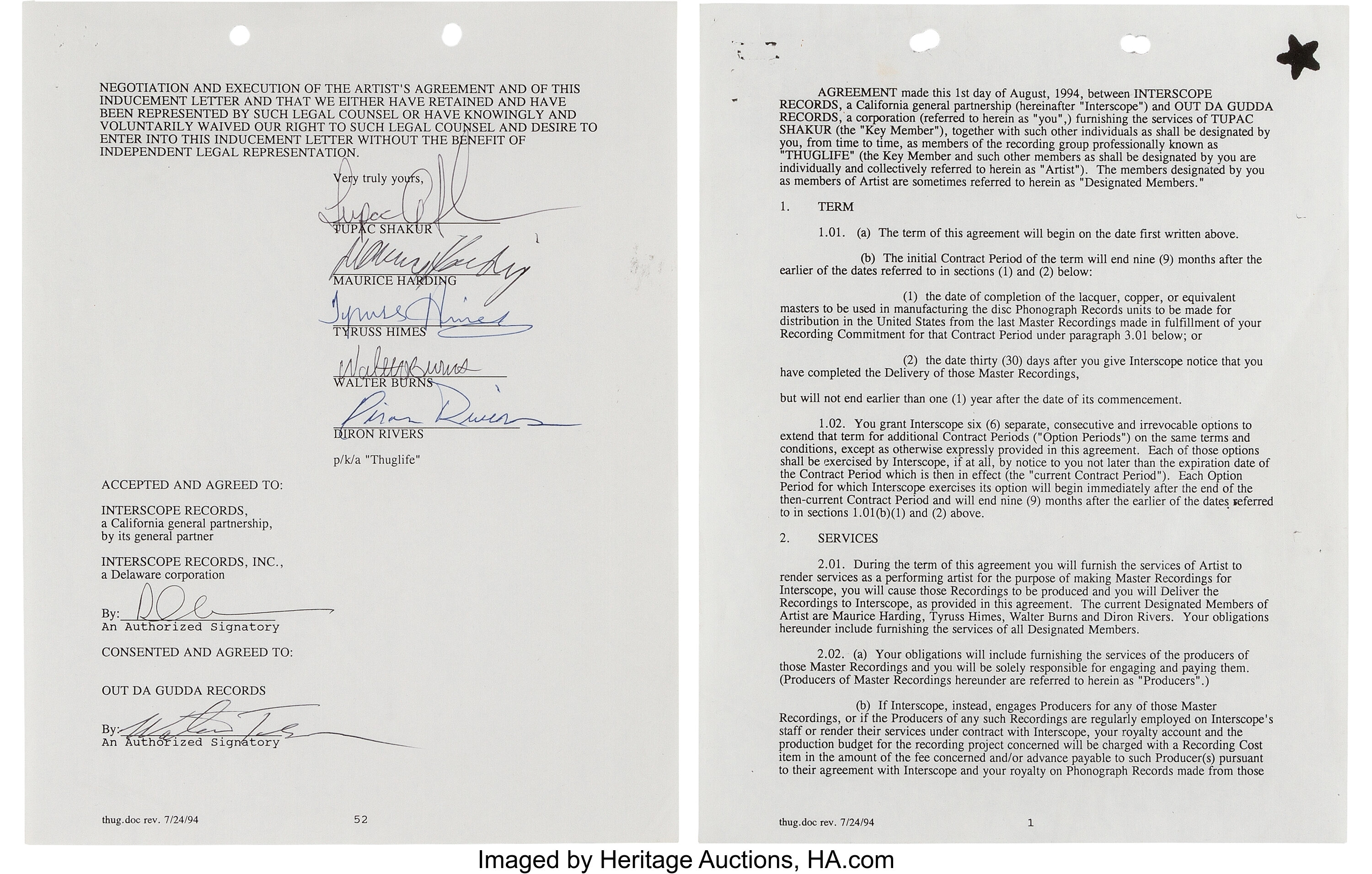 Tupac Shakur & Thug Life Signed Interscope Records 58 Page Contract, Lot  #89632