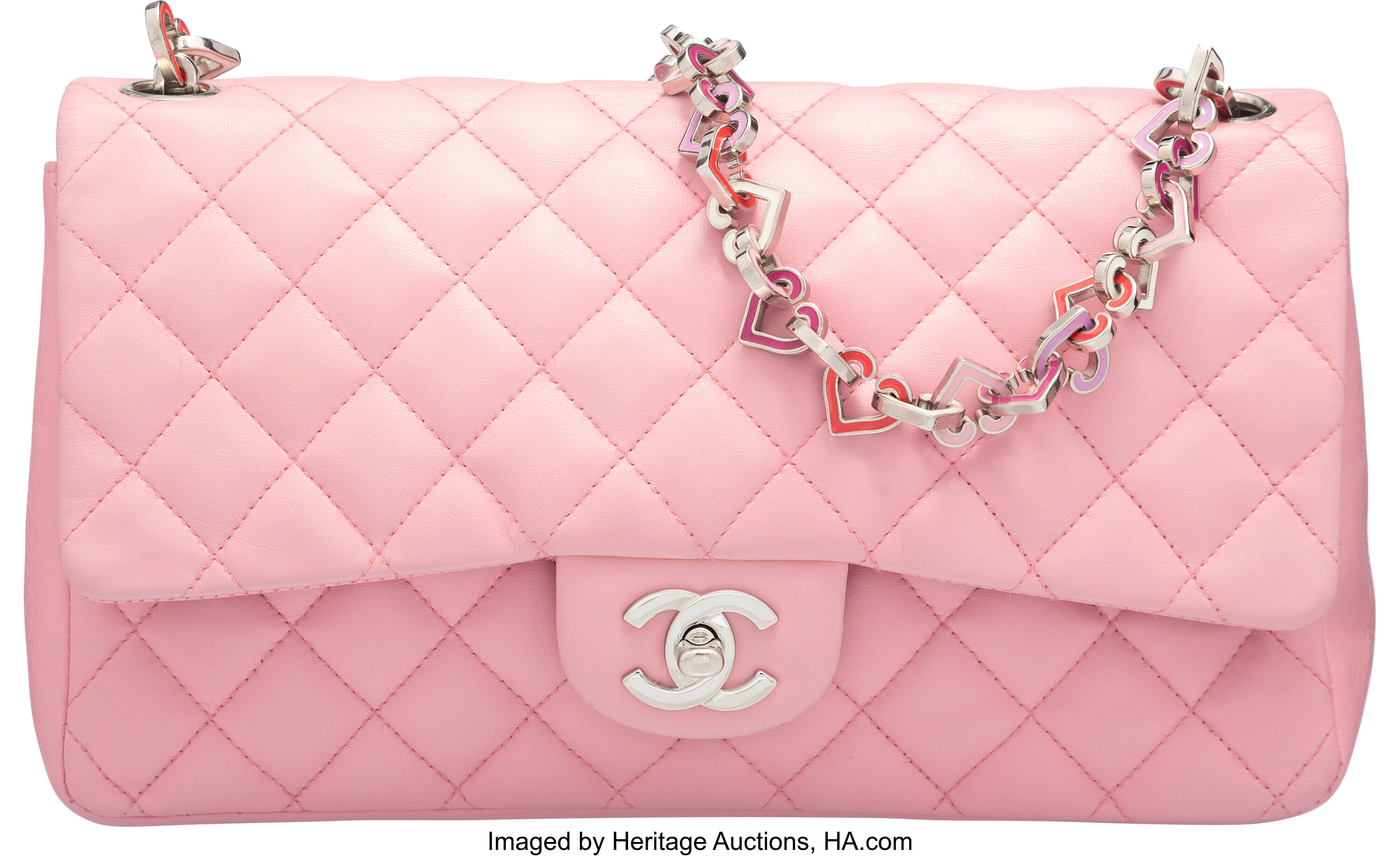 Chanel Matelasse East West Valentine Charms Lambskin Single Flap Double Chain Bag in Pink