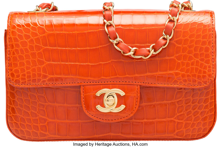 Chanel Orange Alligator Small Classic Flap Bag with Gold Hardware