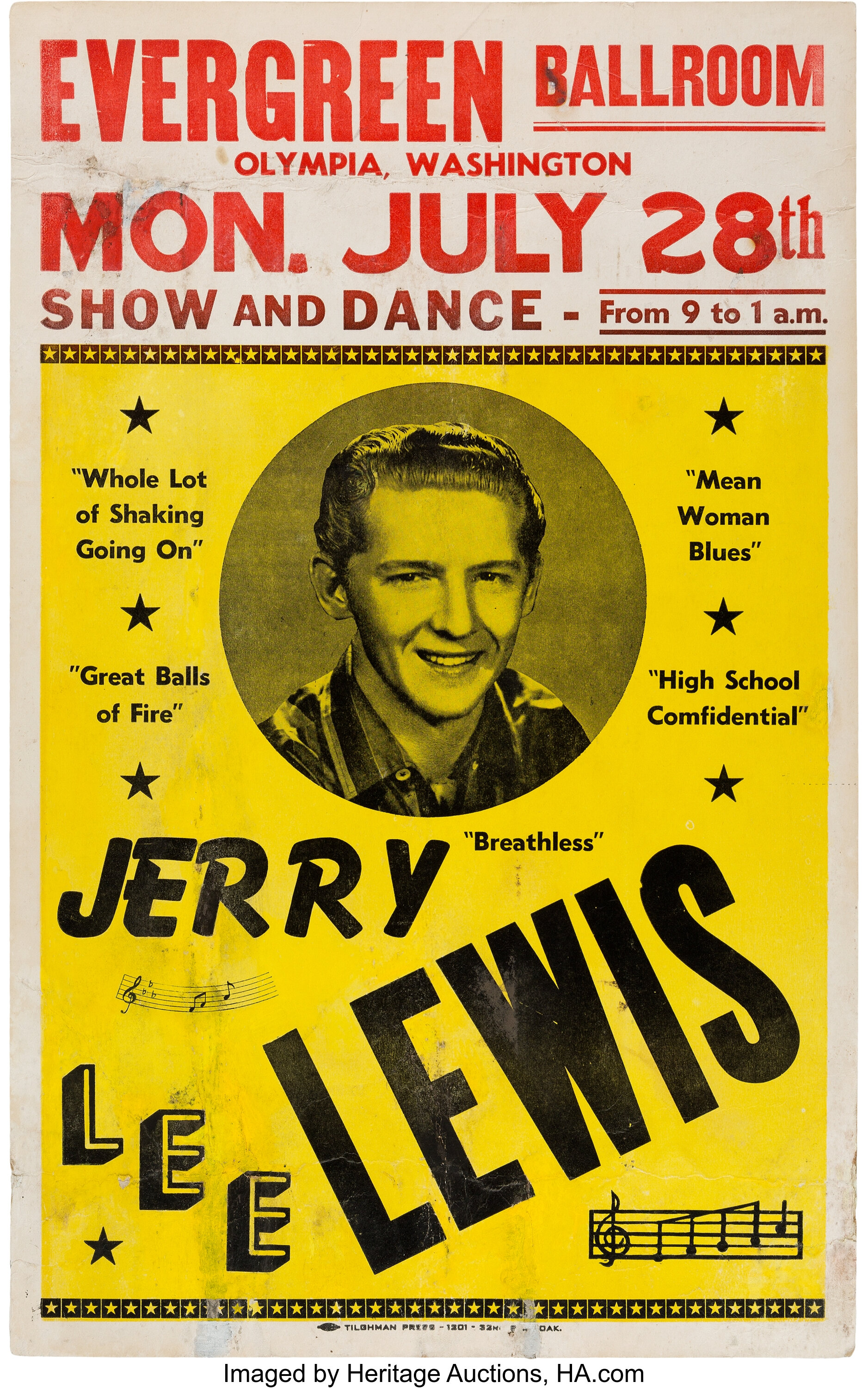 Jerry Lee Lewis Evergreen Ballroom Concert Poster (1958). Extremely