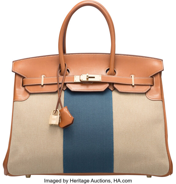 30cm Hermes Two-Toned Barenia Leather and Toile H Birkin Handbag