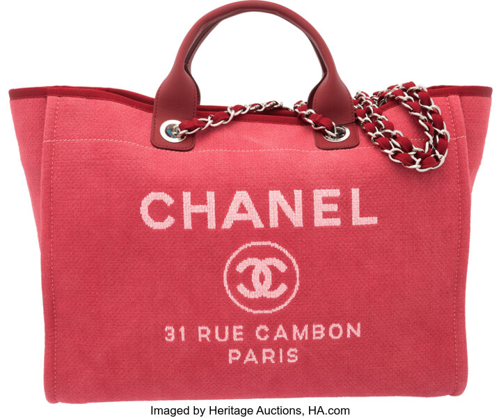 Timeless Chanel Small lined Face Fringe Deauville Tote Red Cloth