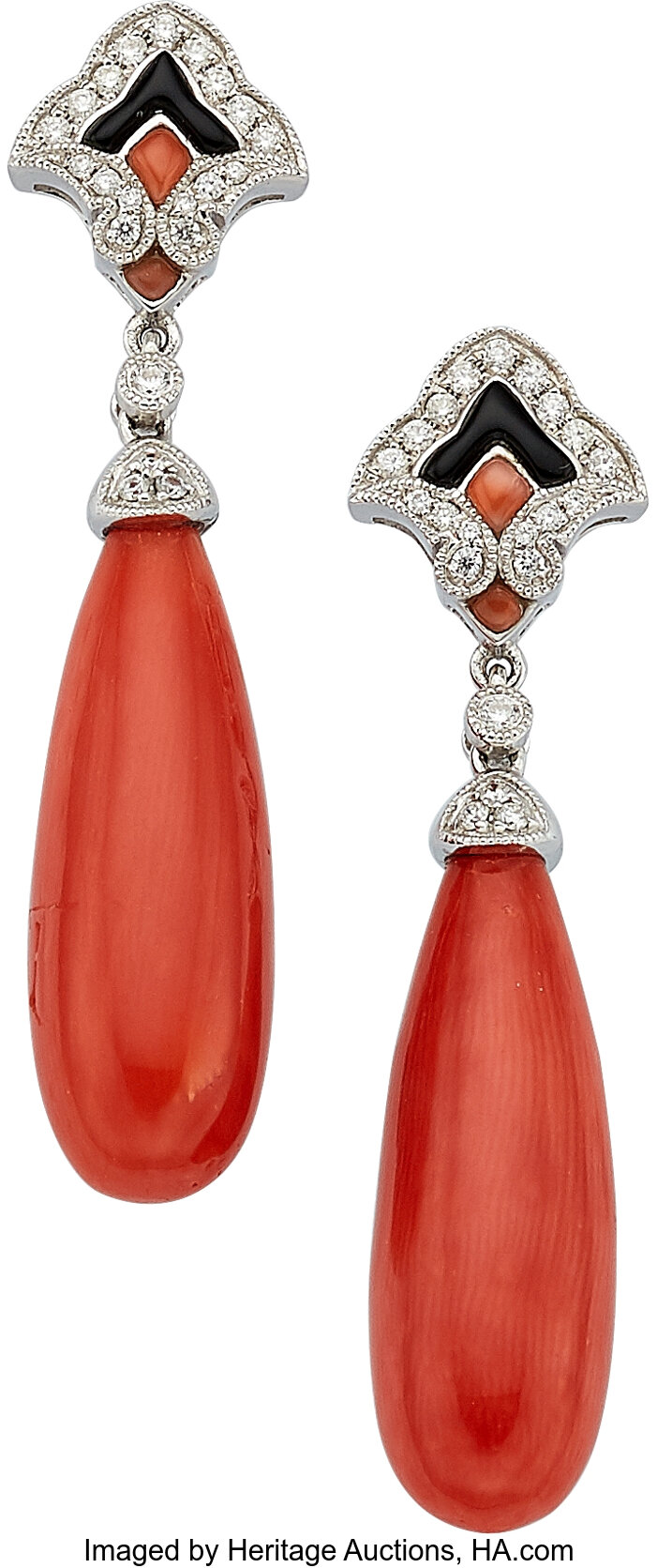 Coral, Diamond, Black Onyx, White Gold Earrings. ... Estate Jewelry ...