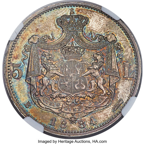 Romania: Carol I 5 Lei 1884-B AU55 NGC, Romania, Lot #31513