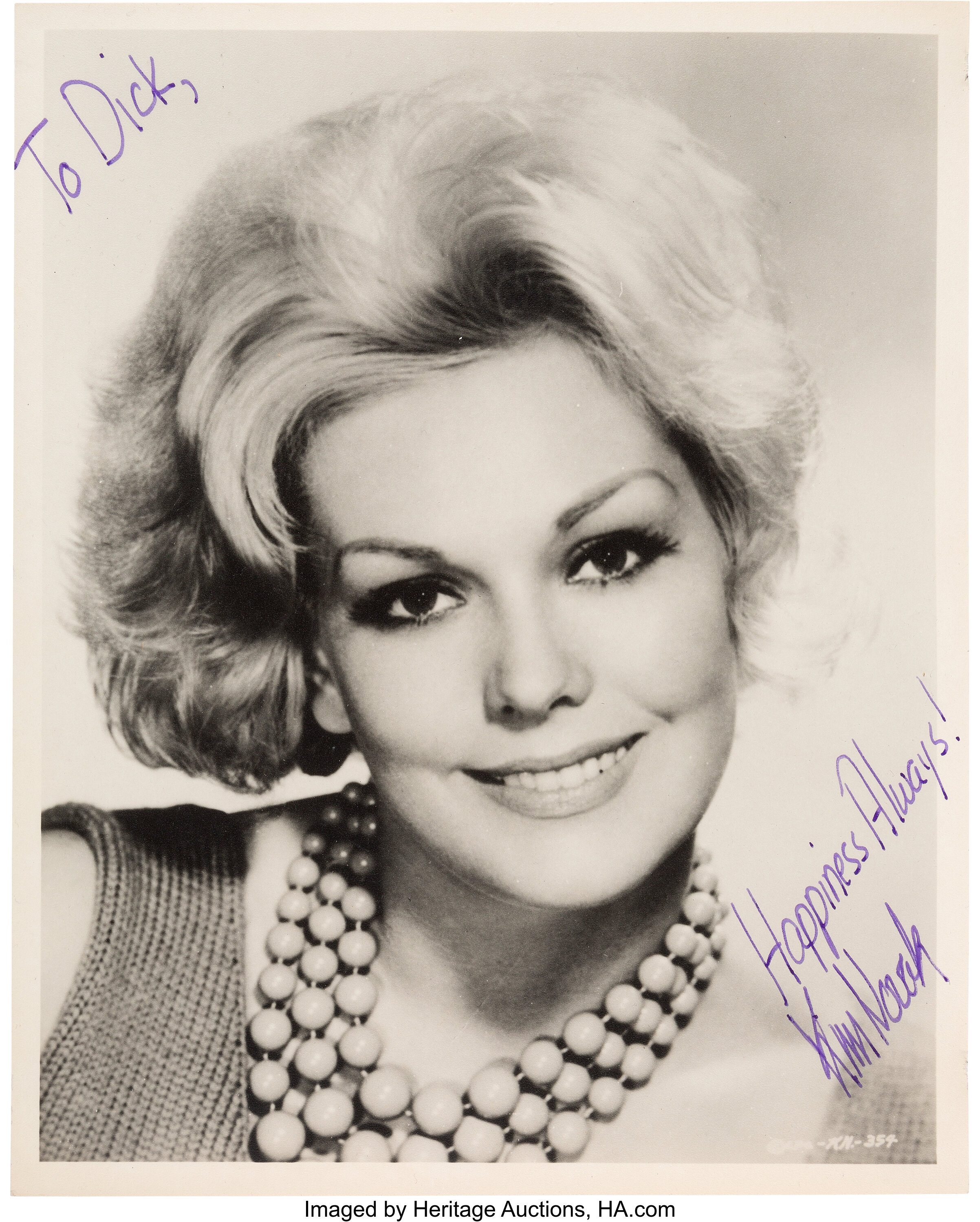 A Kim Novak Signed Black and White Headshot, Circa 1960.... | Lot ...