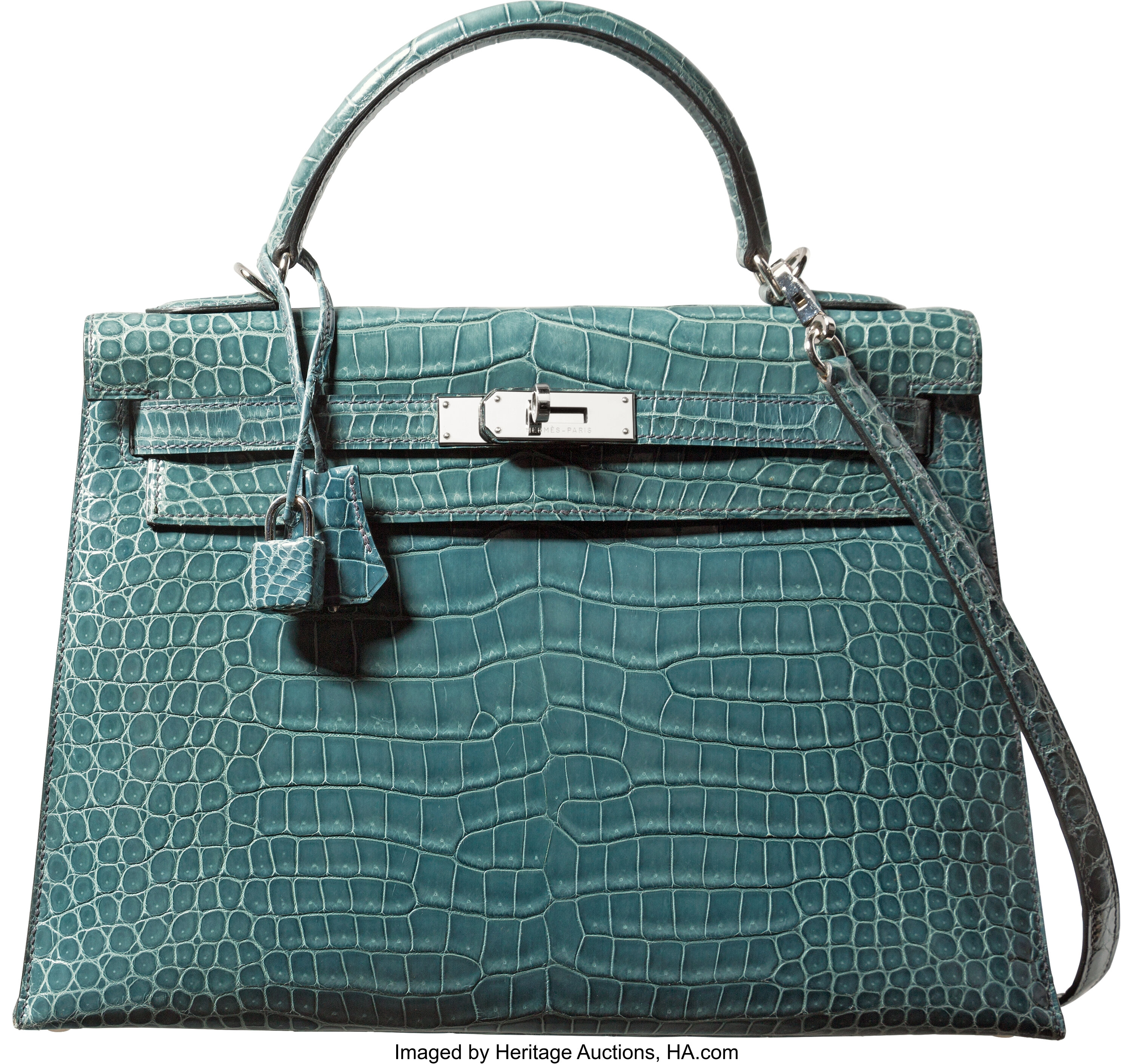Hermes 32cm Blue Jean Porosus Crocodile Sellier Kelly Bag with