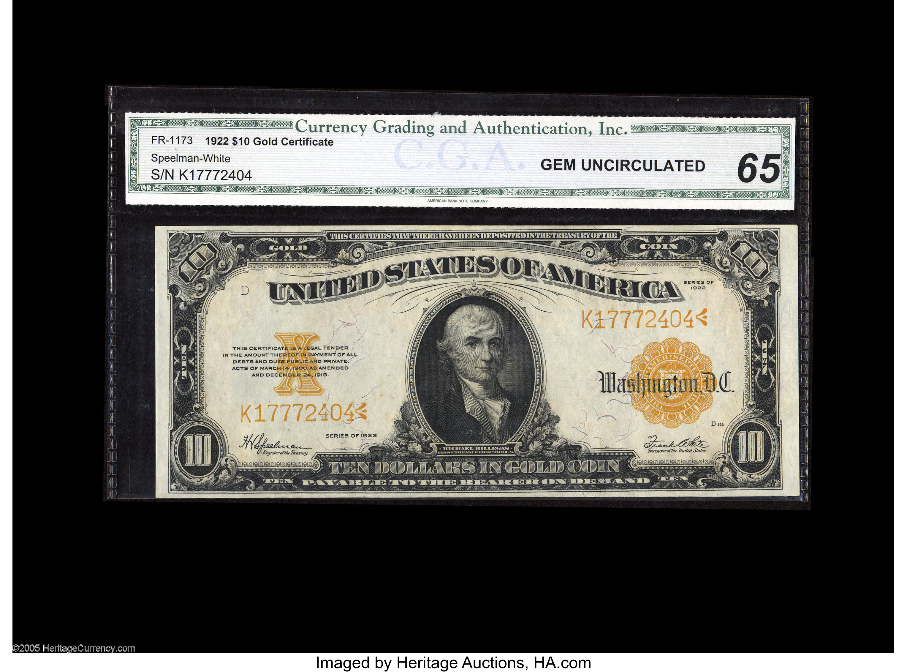 Fr 1173 10 1922 Gold Certificate Cga Gem Uncirculated 65 Lot - 