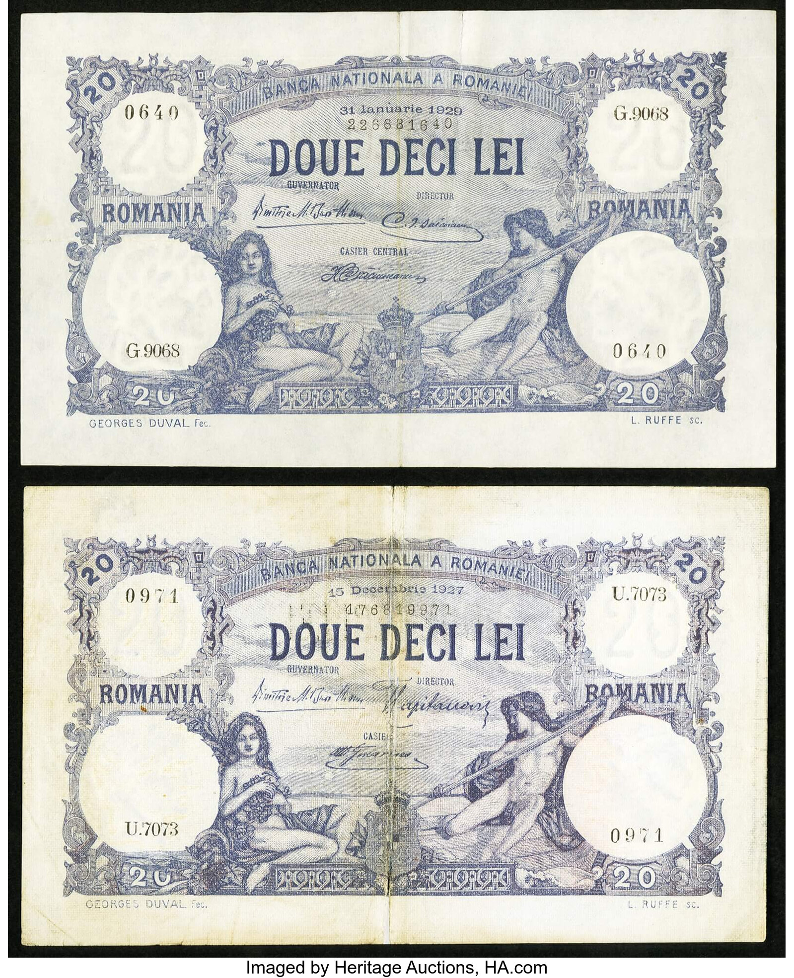 Romania Banca Nationala A Romaniei 20 Lei 15 12 1927 And 31 1 1929 Lot 83393 Heritage Auctions