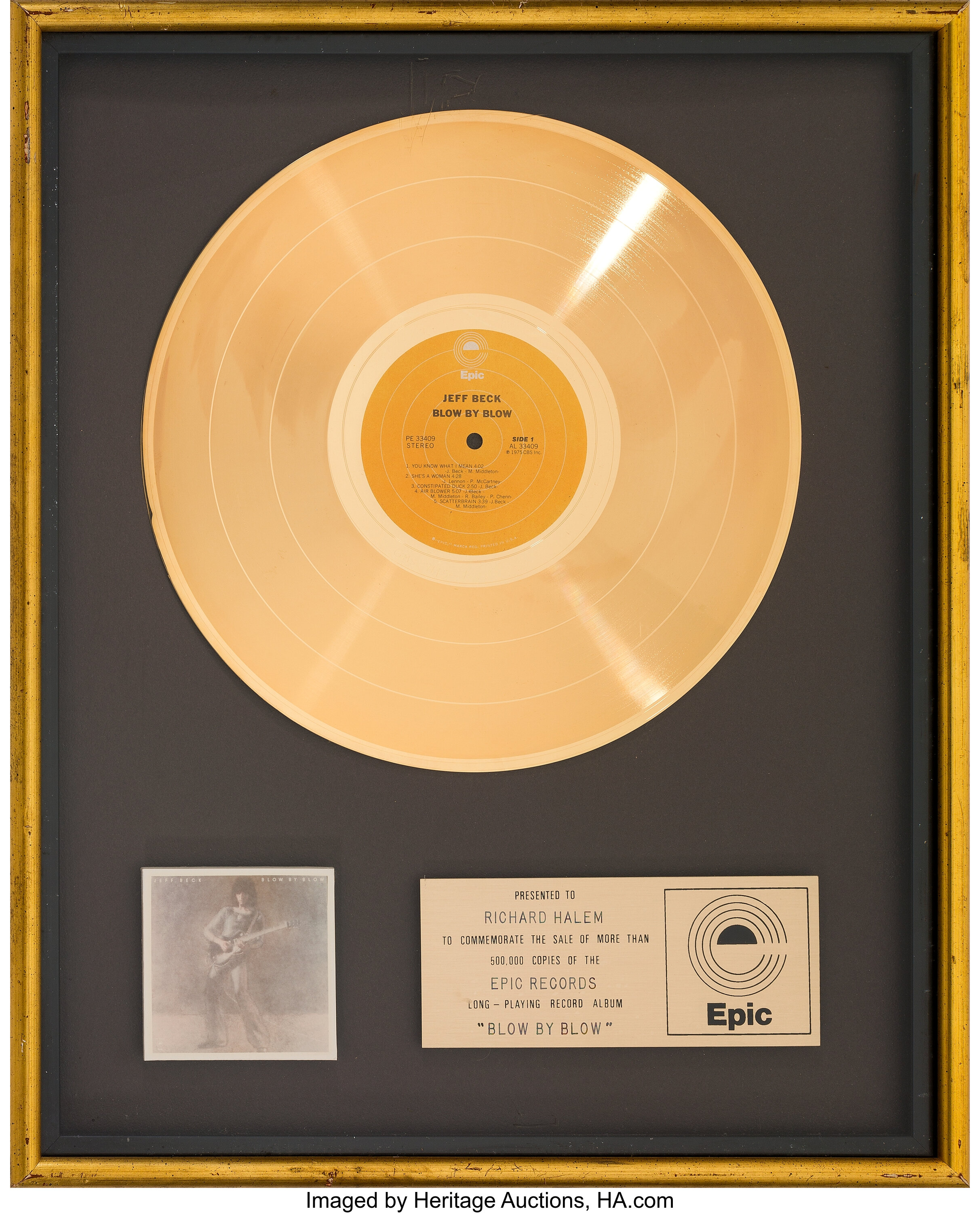 Jeff Beck Blow By Blow In-House Gold Record Sales Award (Epic PE