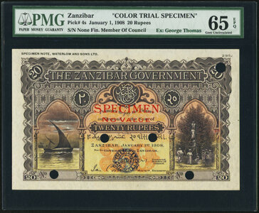 Zanzibar: Zanzibar Government 20 Rupees 1.1.1908 Pick 4cts Color Trial Specimen