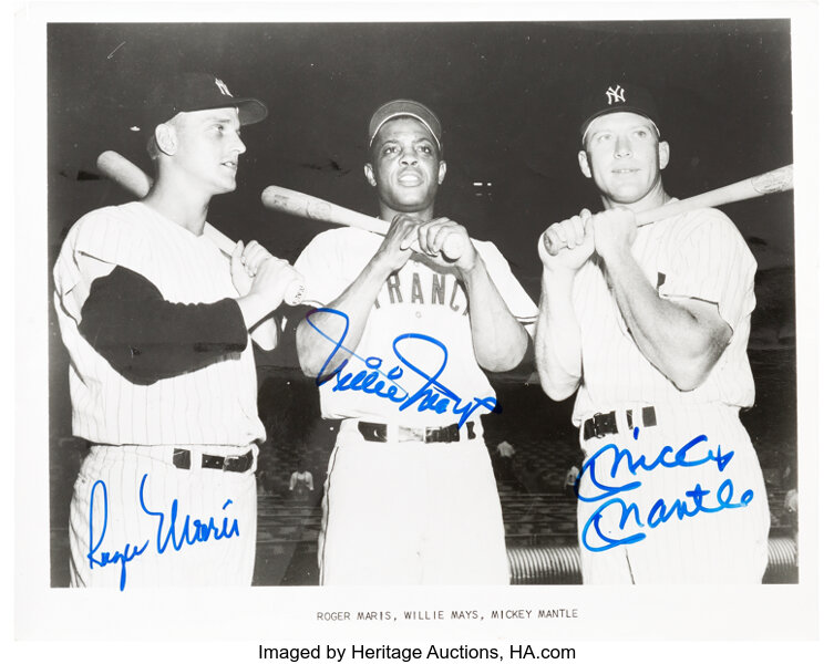 1980's Mickey Mantle & Roger Maris Signed Index Cards with Portrait, Lot  #80743