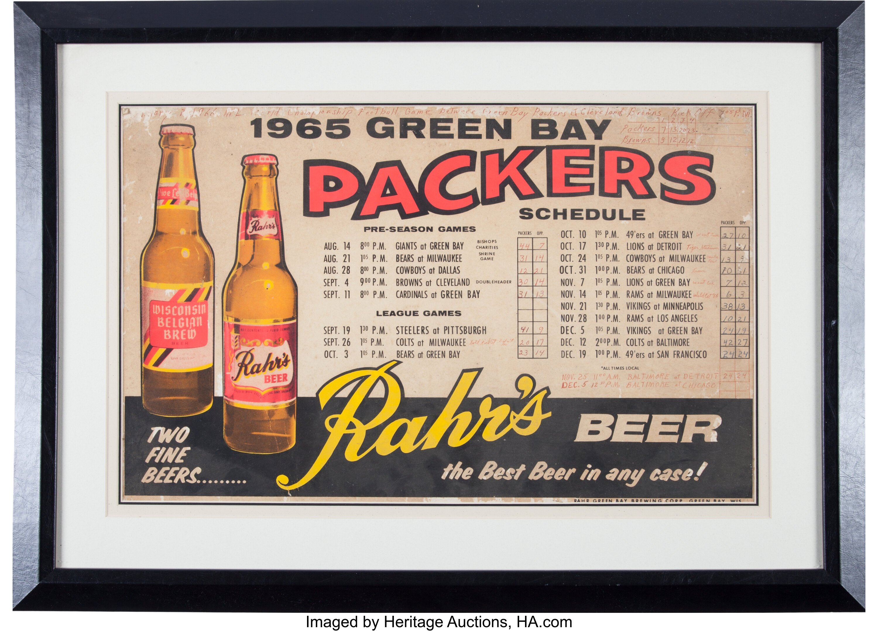 1965 Green Bay Packers Rahr's Beer Promotional Schedule, Lot #51224