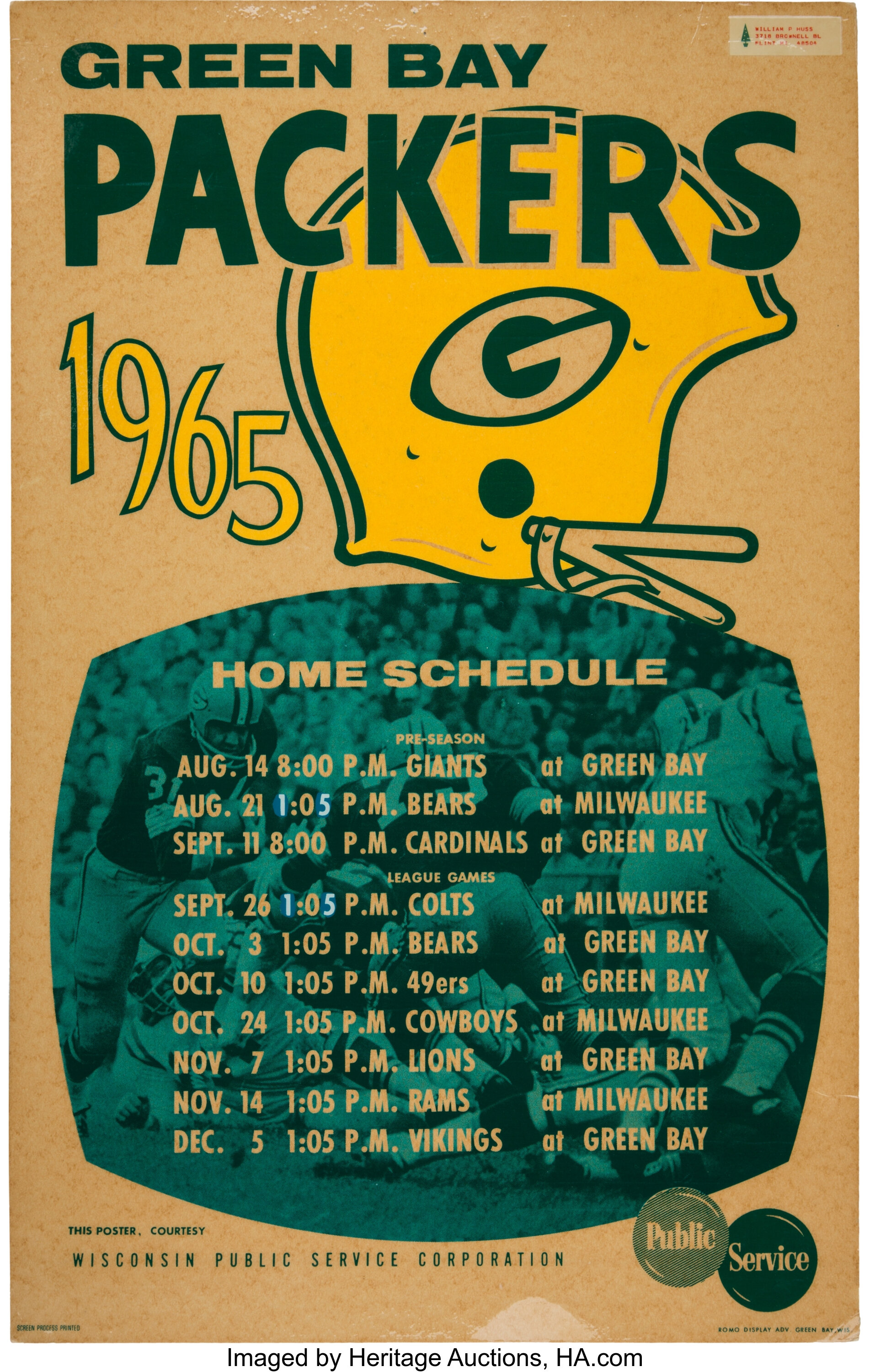 1965 Green Bay Packers Wisconsin Public Service Broadside, Lot #51223