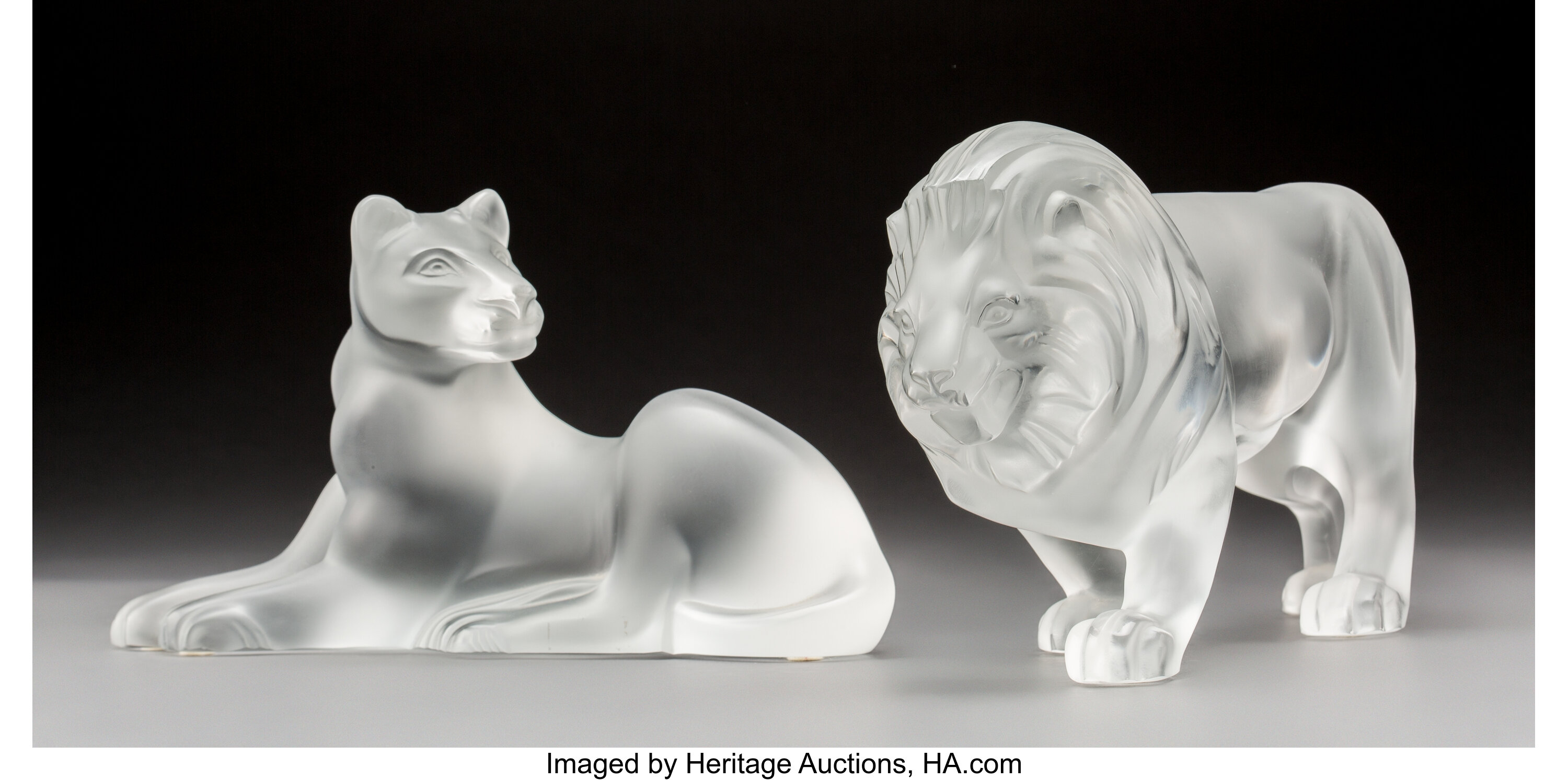 Lalique Frosted Glass Lion and Lioness Figures. Post-1945. Engraved | Lot #79218