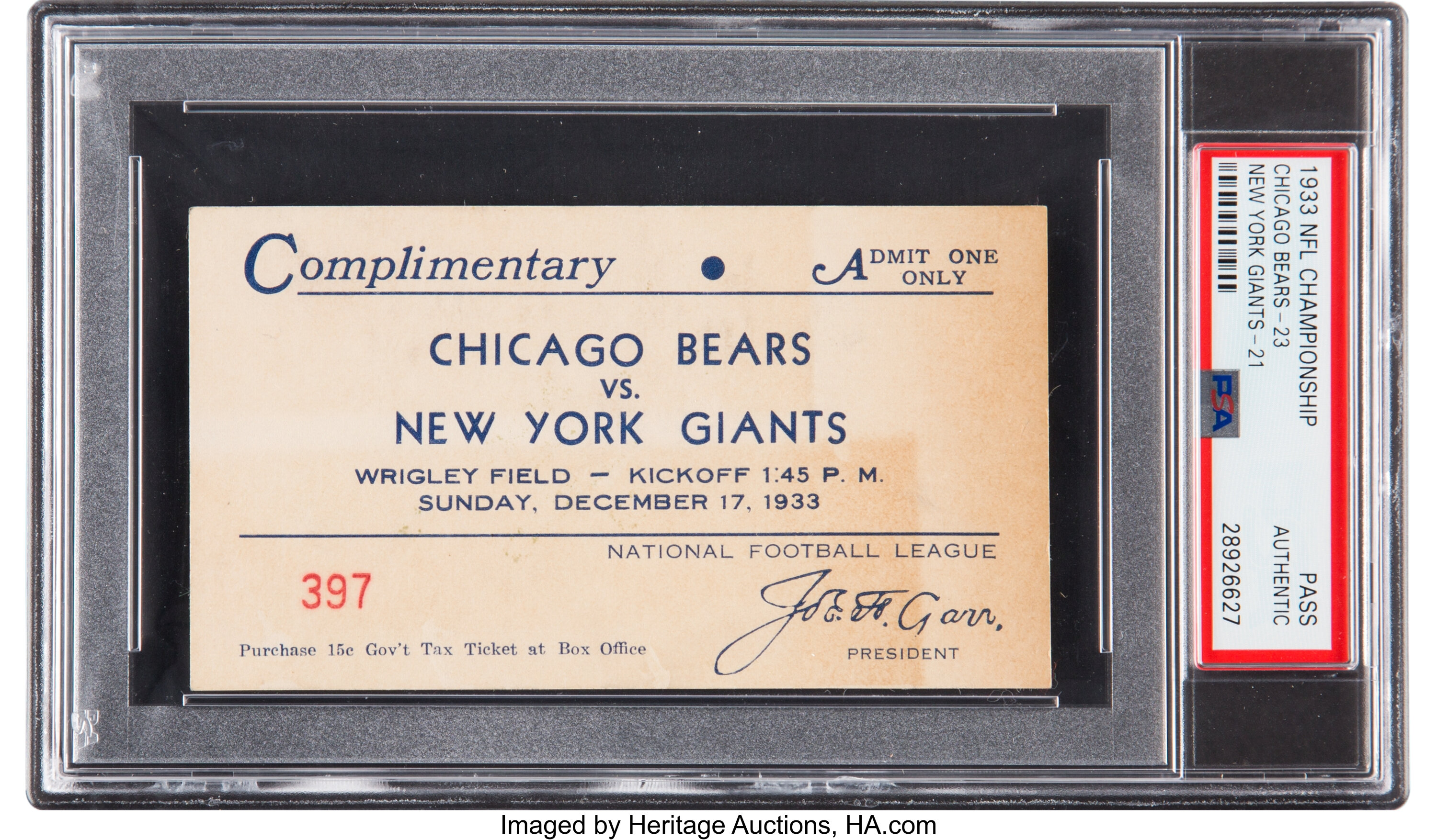 1933 NFL Championship Complimentary Pass from The Joe Carr Find