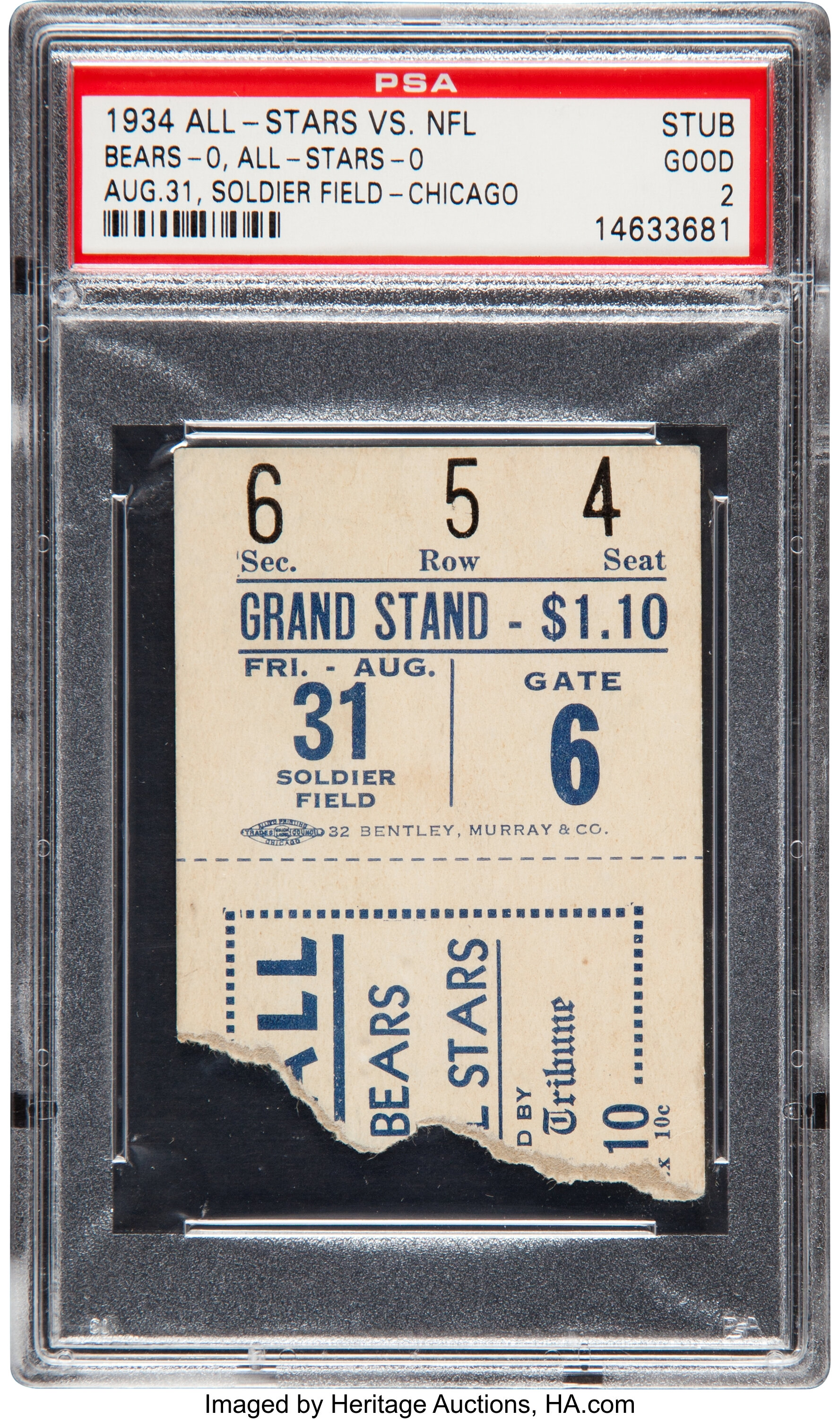 1934 Chicago Bears vs. College All Stars Ticket Stub - Inaugural