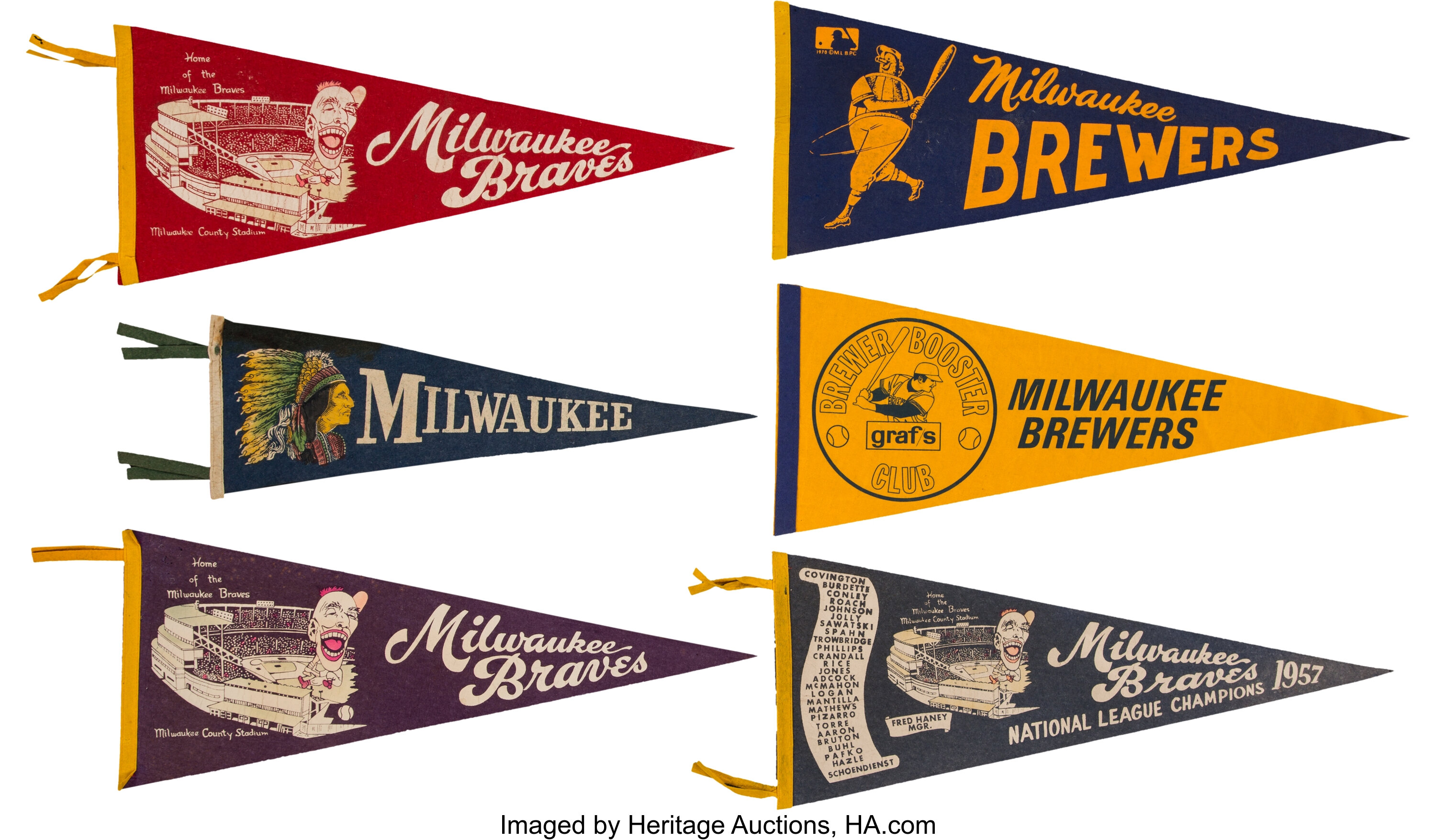 1957-80 Milwaukee Braves & Brewers Pennants Lot of 6. . , Lot #51062