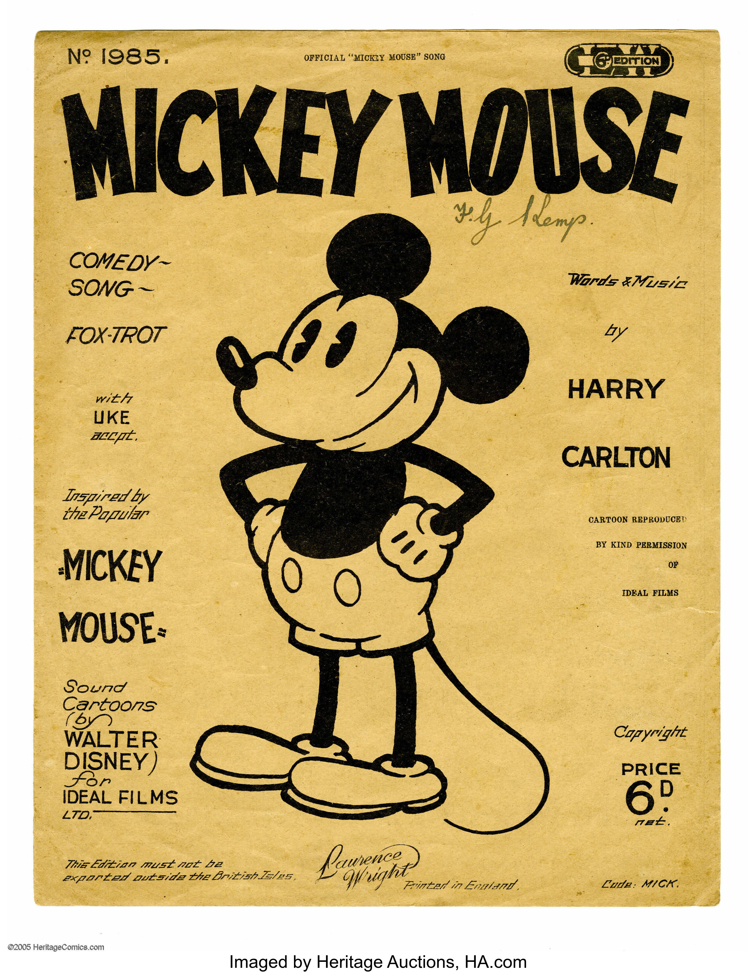 Mickey Mouse Comedy Song Sheet Music Lawrence Wright 1930 Lot Heritage Auctions