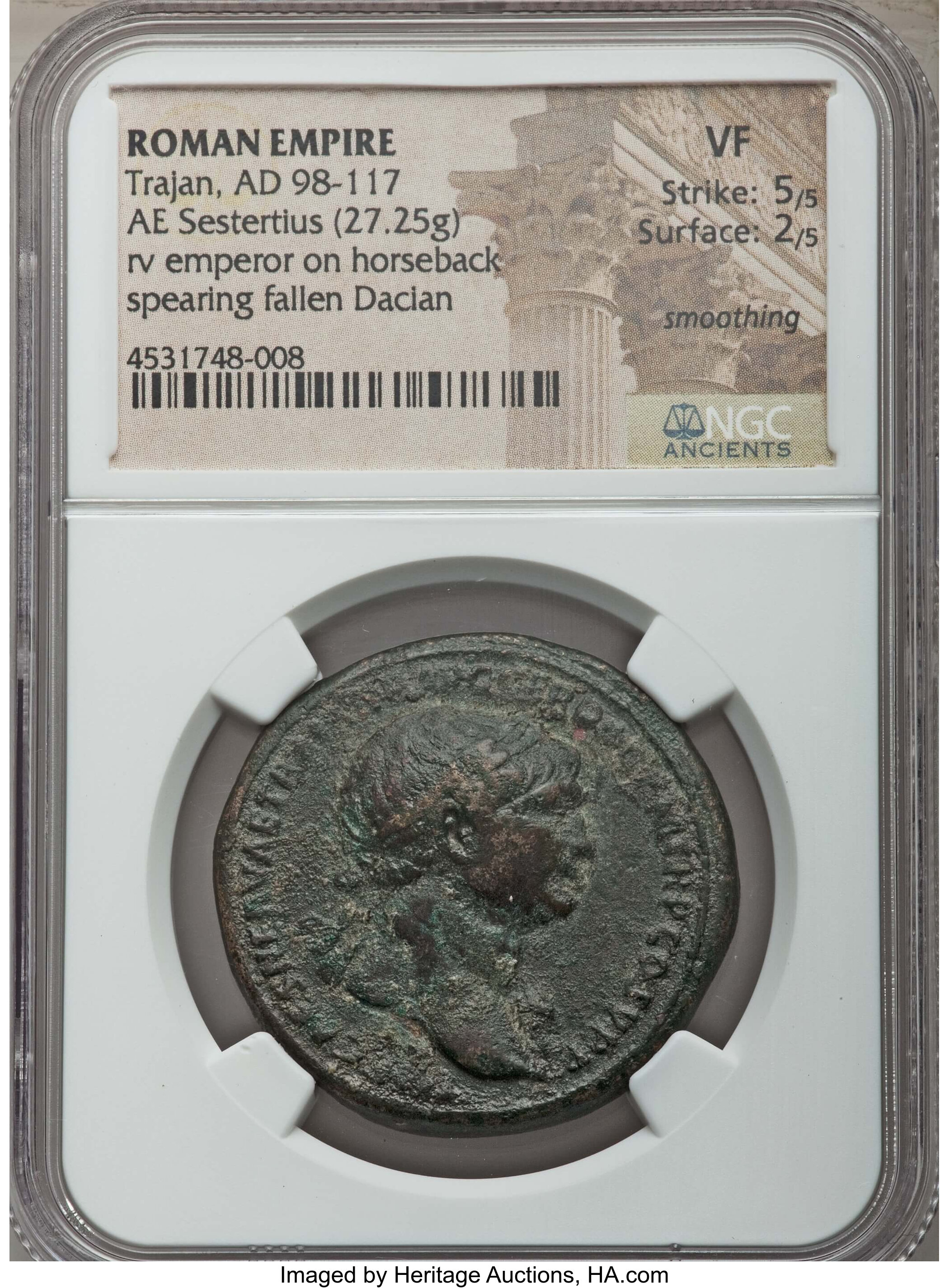 Ancients: Trajan (AD 98-117). AE sestertius (27.25 gm). NGC VF 5/5