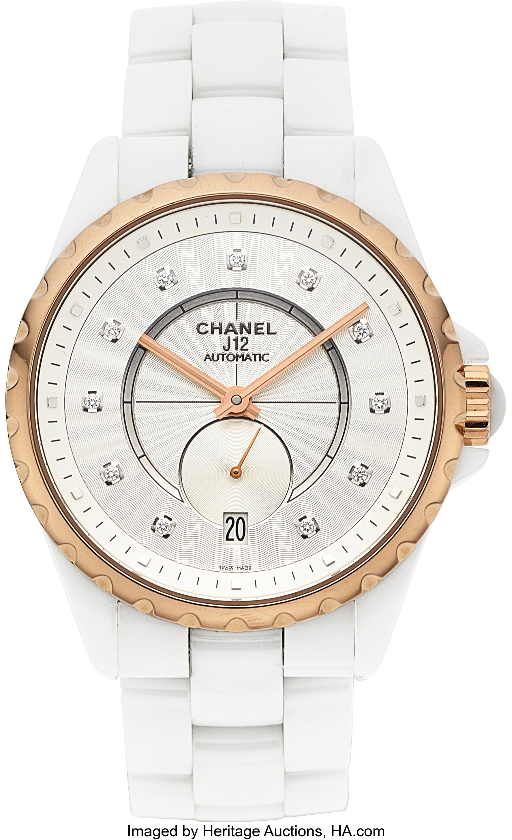 Chanel Lady's Diamond, Ceramic, Rose Gold, Stainless Steel J12, Lot #55219