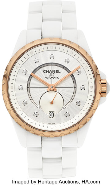 Chanel Lady's Diamond, Ceramic, Rose Gold, Stainless Steel J12