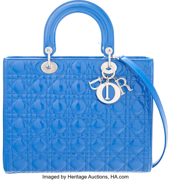 Christian Dior Blue Quilted Cannage Patent Leather Lady Dior