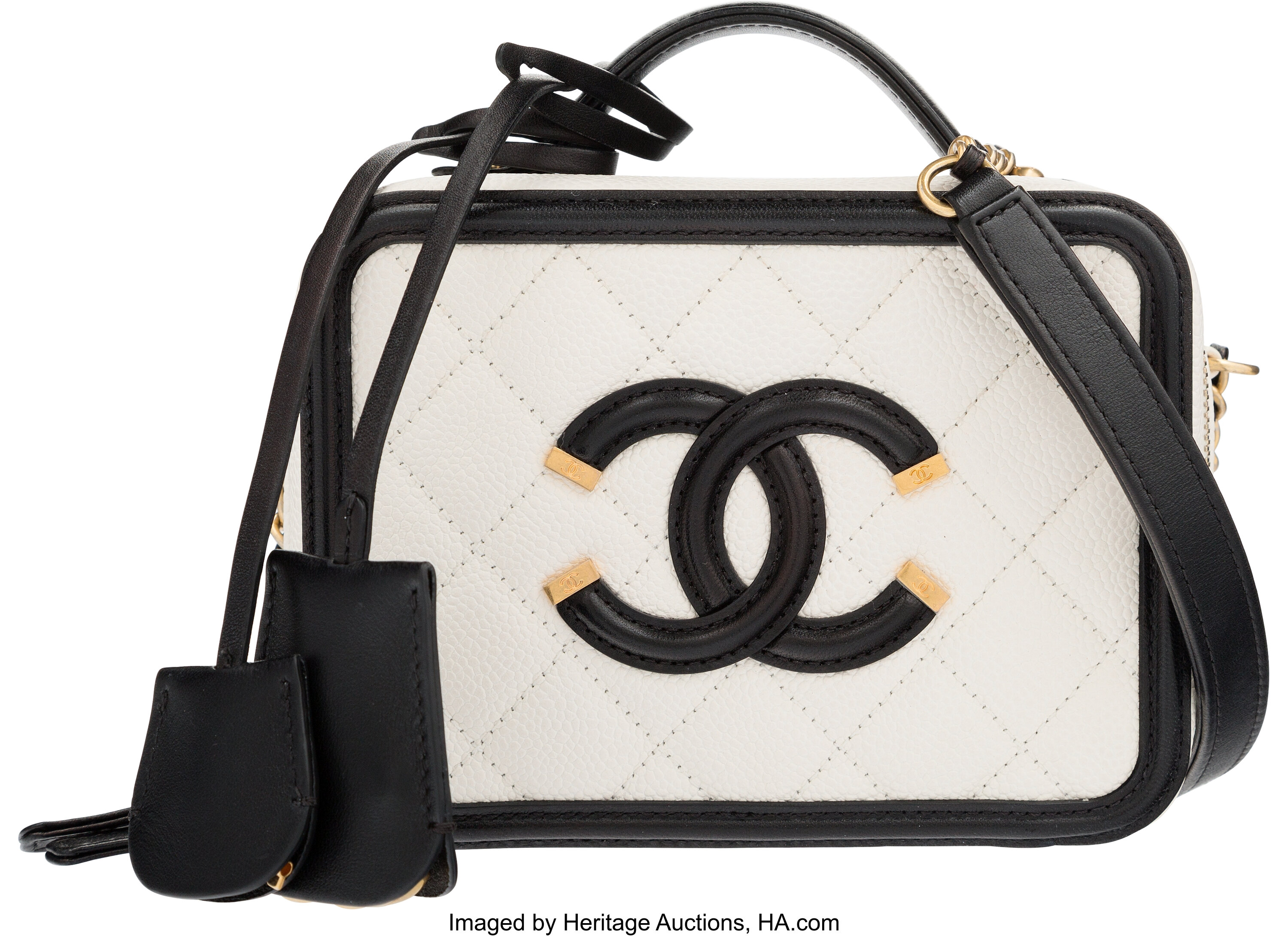 Chanel White & Black Caviar Leather Small CC Filigree Vanity Case