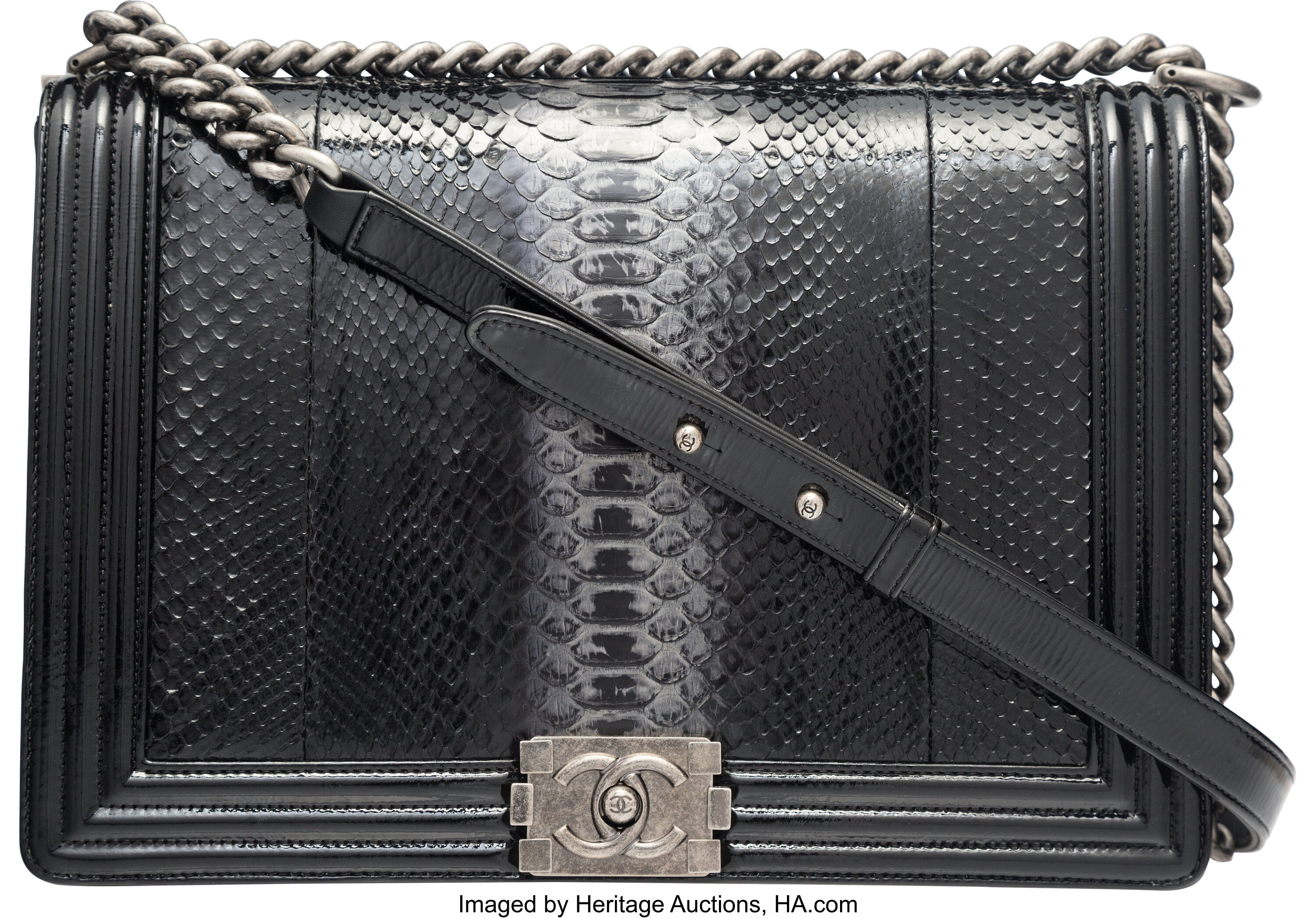 Chanel Shiny Black Python & Patent Leather Large Boy Bag with